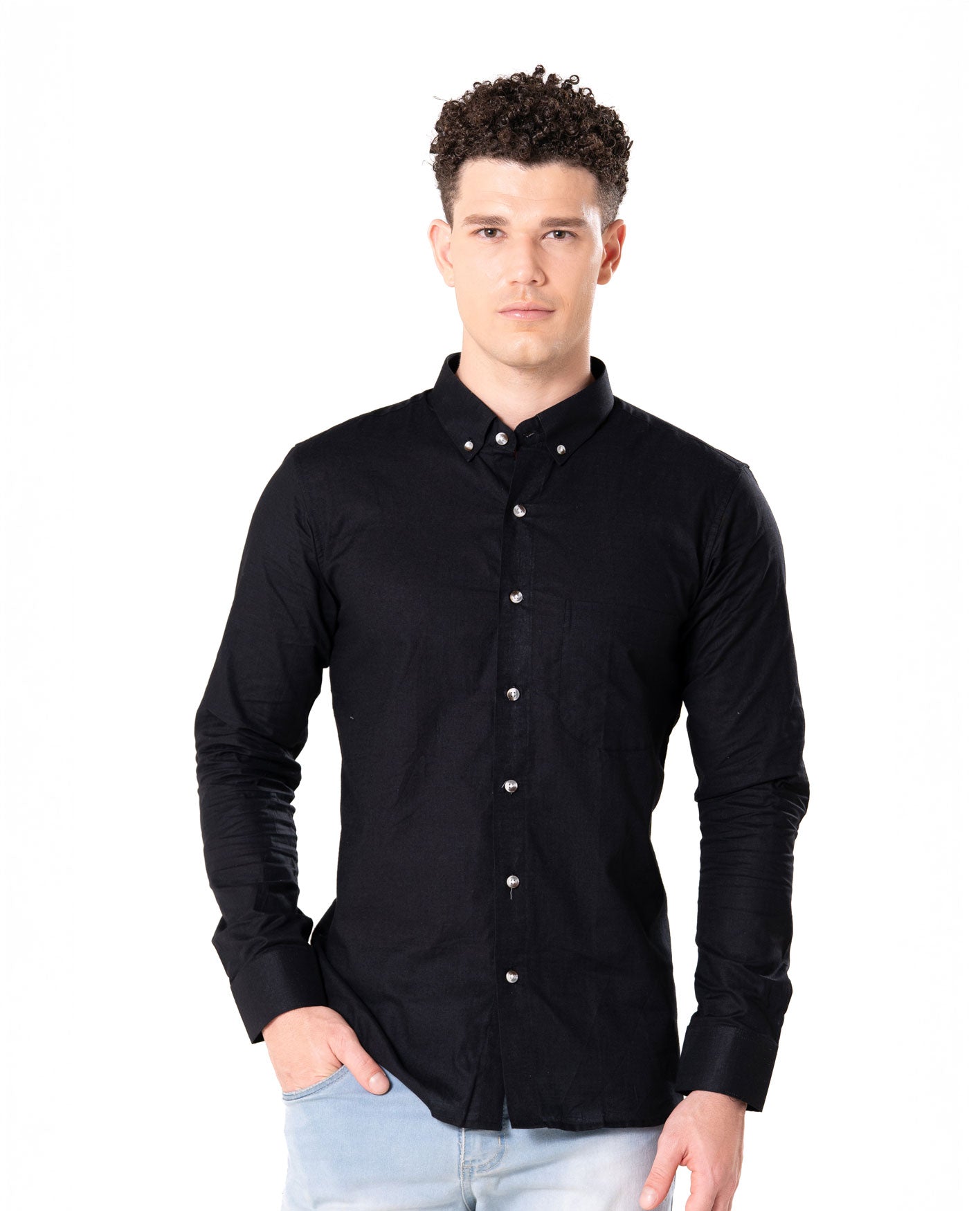 Poist Black Linen Plain Button Down Shirt- Bullane