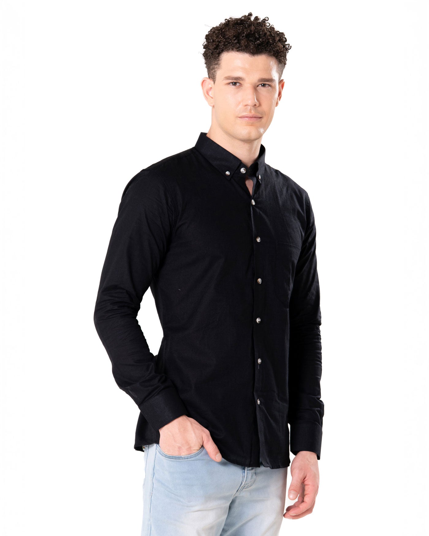 Poist Black Linen Plain Button Down Shirt- Bullane