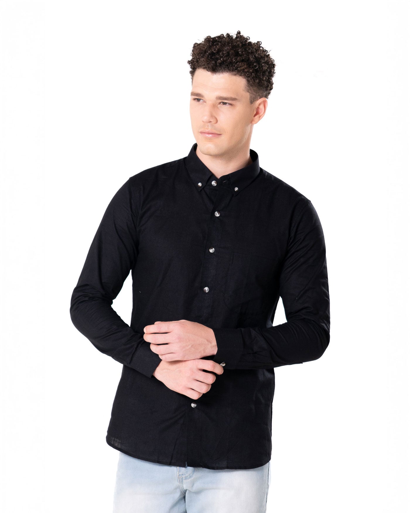 Poist Black Linen Plain Button Down Shirt- Bullane