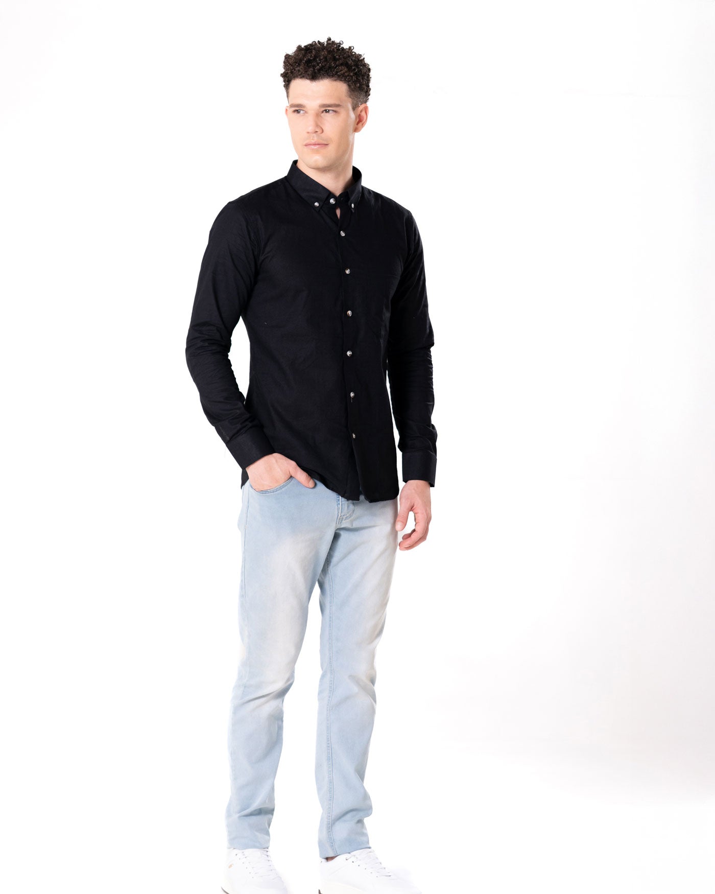 Poist Black Linen Plain Button Down Shirt- Bullane