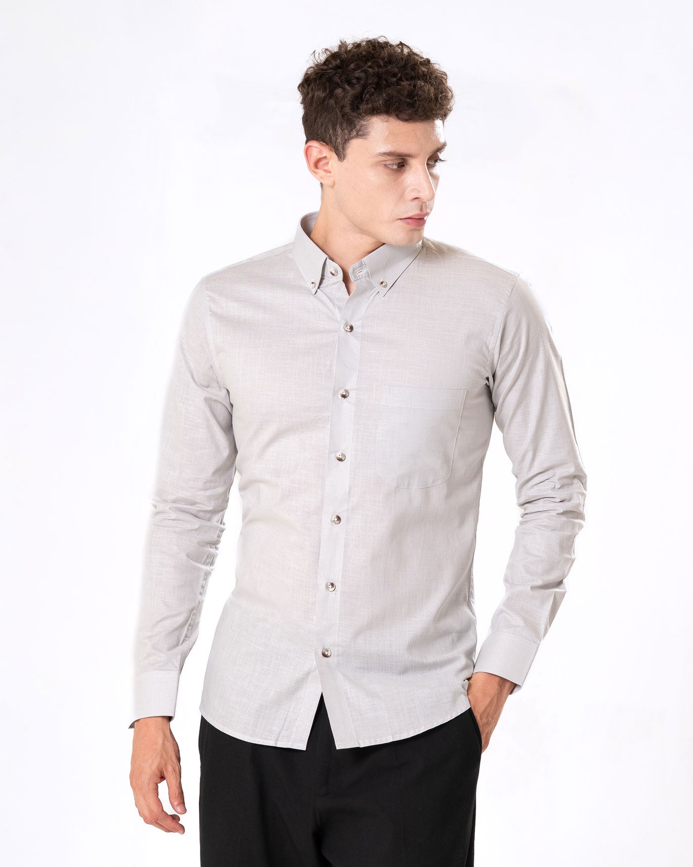 Poist Silver Linen Plain Button Down Shirt- Bullane