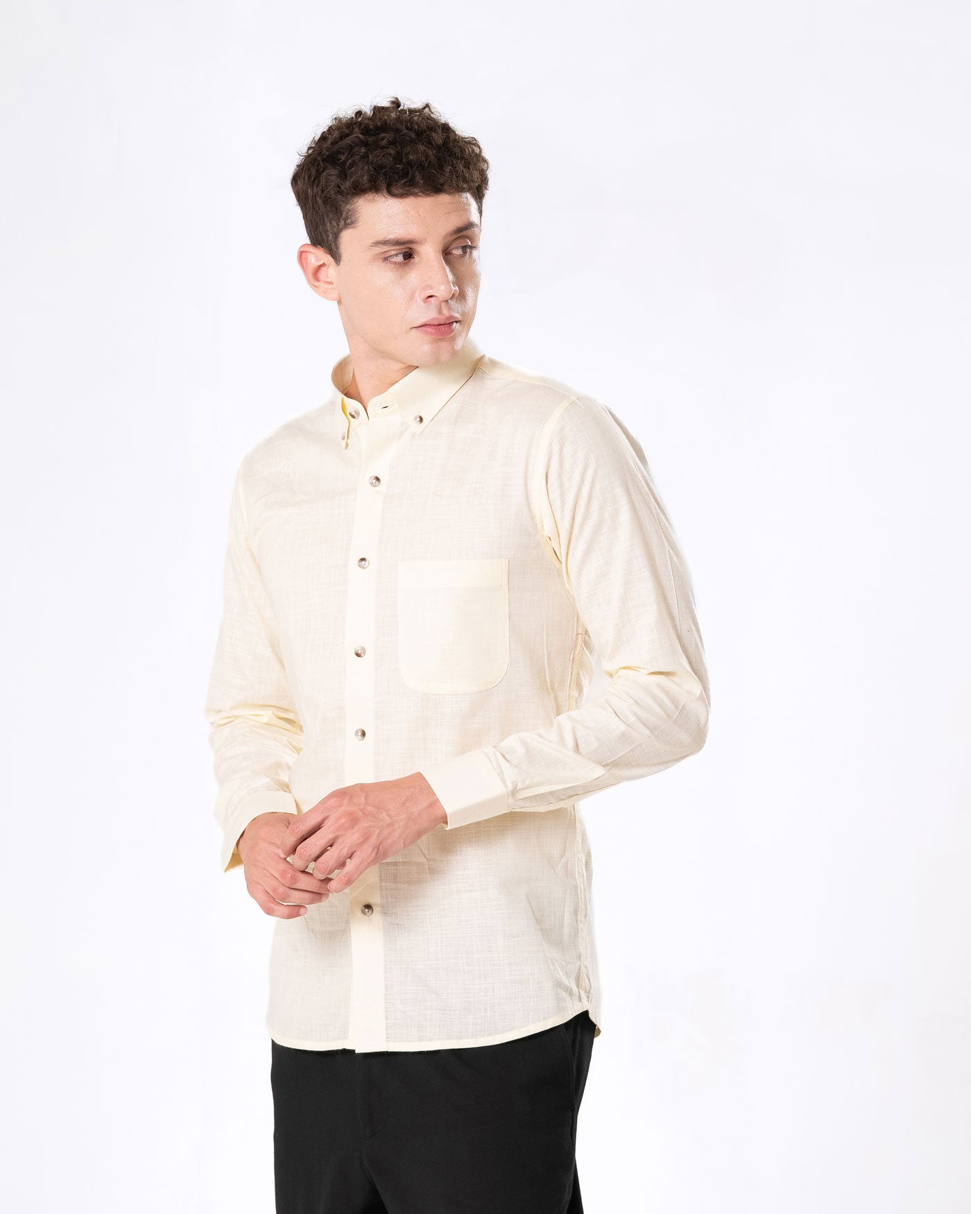 Poist Yellow Linen Plain Button Down Shirt- Bullane