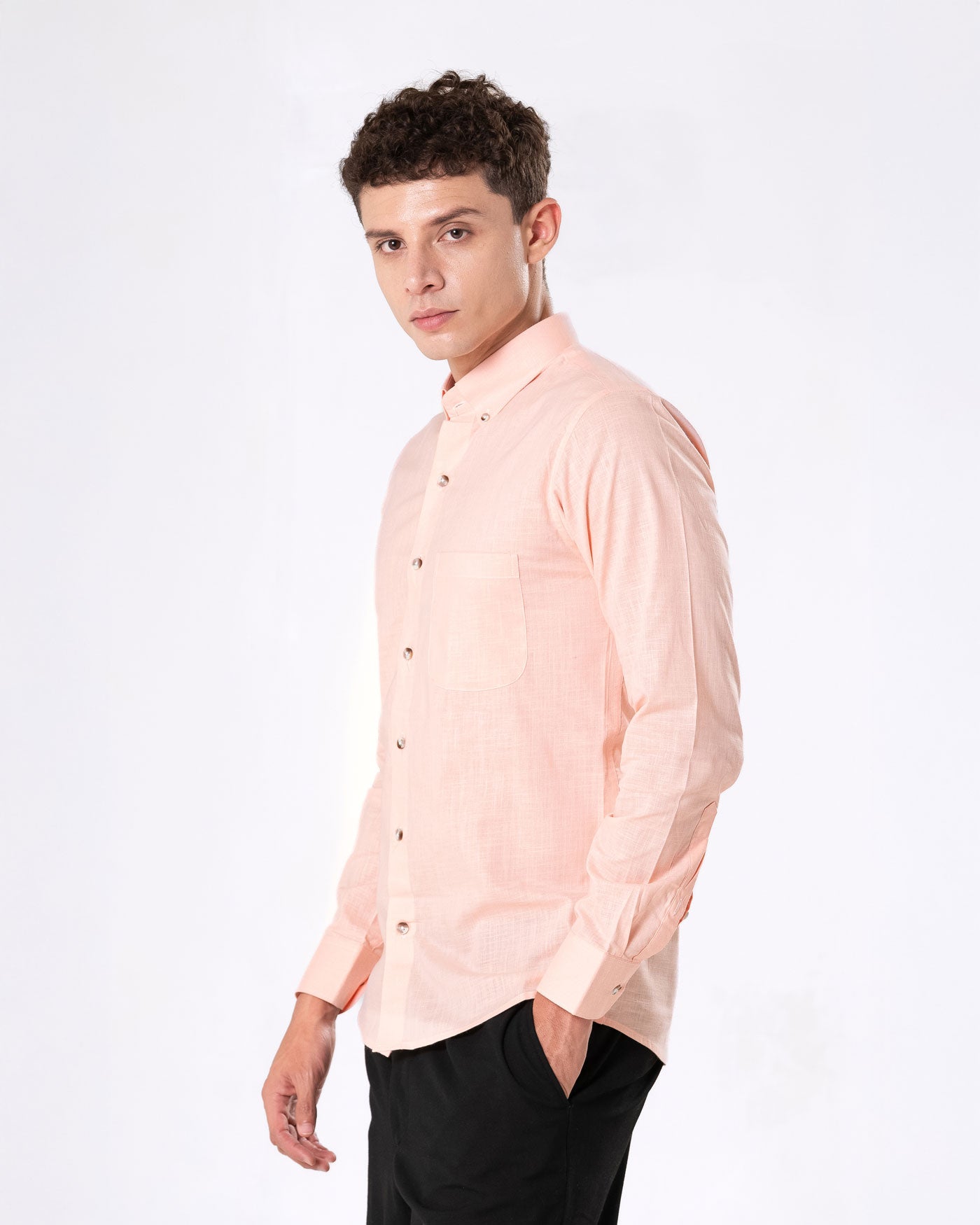 Poist Orange Linen Plain Button Down Shirt- Bullane