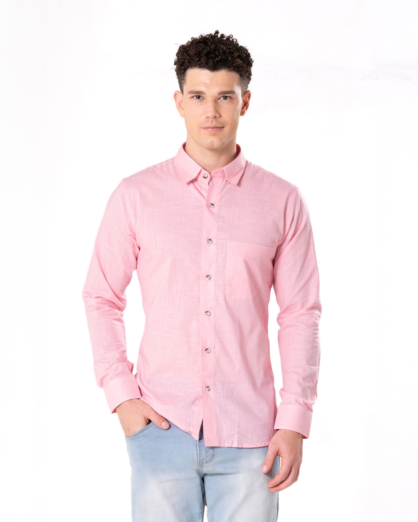 Poist Pink Linen Plain Button Down Shirt- Bullane