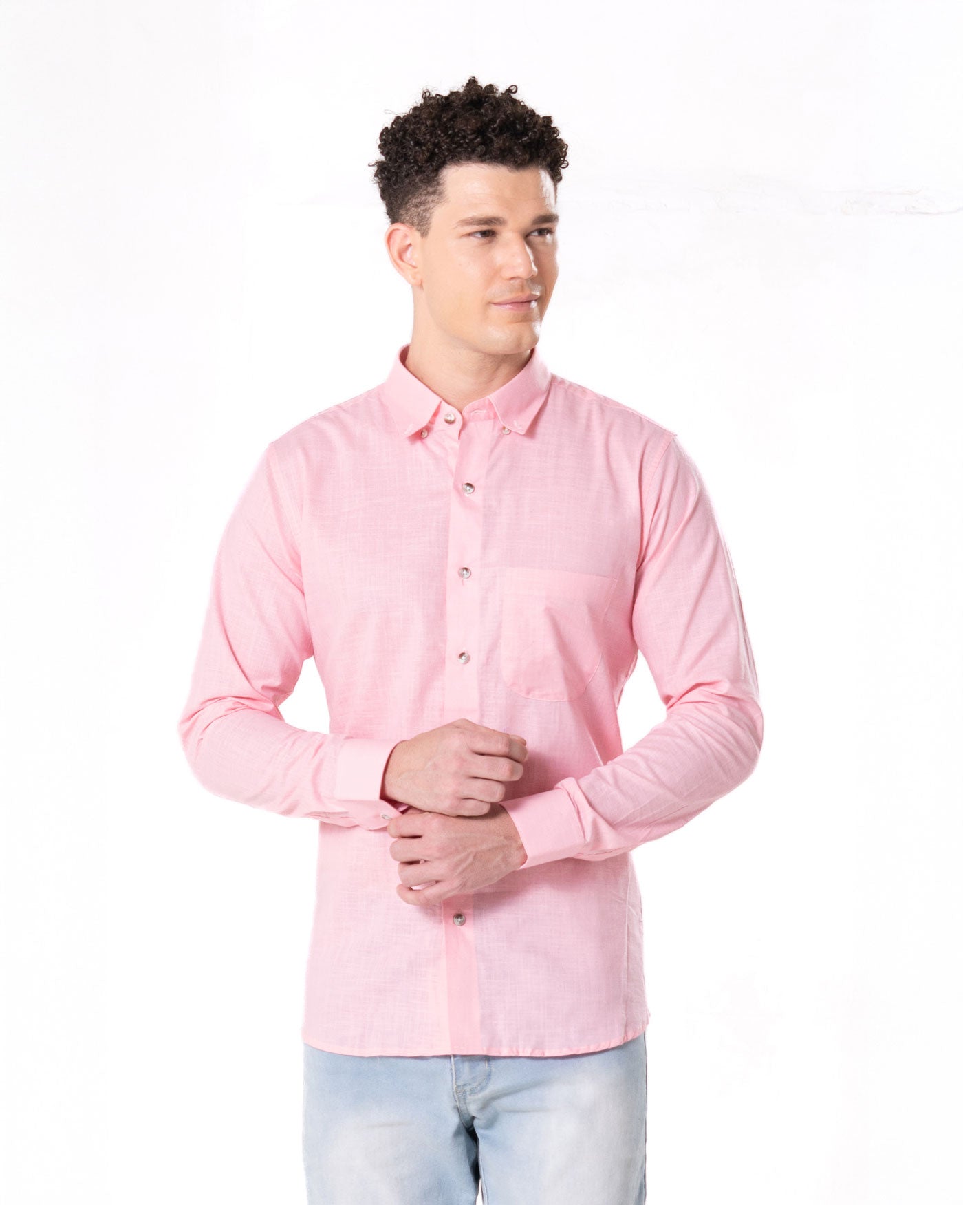 Poist Pink Linen Plain Button Down Shirt- Bullane