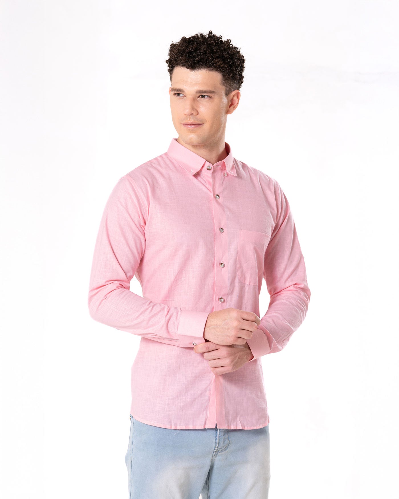 Poist Pink Linen Plain Button Down Shirt- Bullane