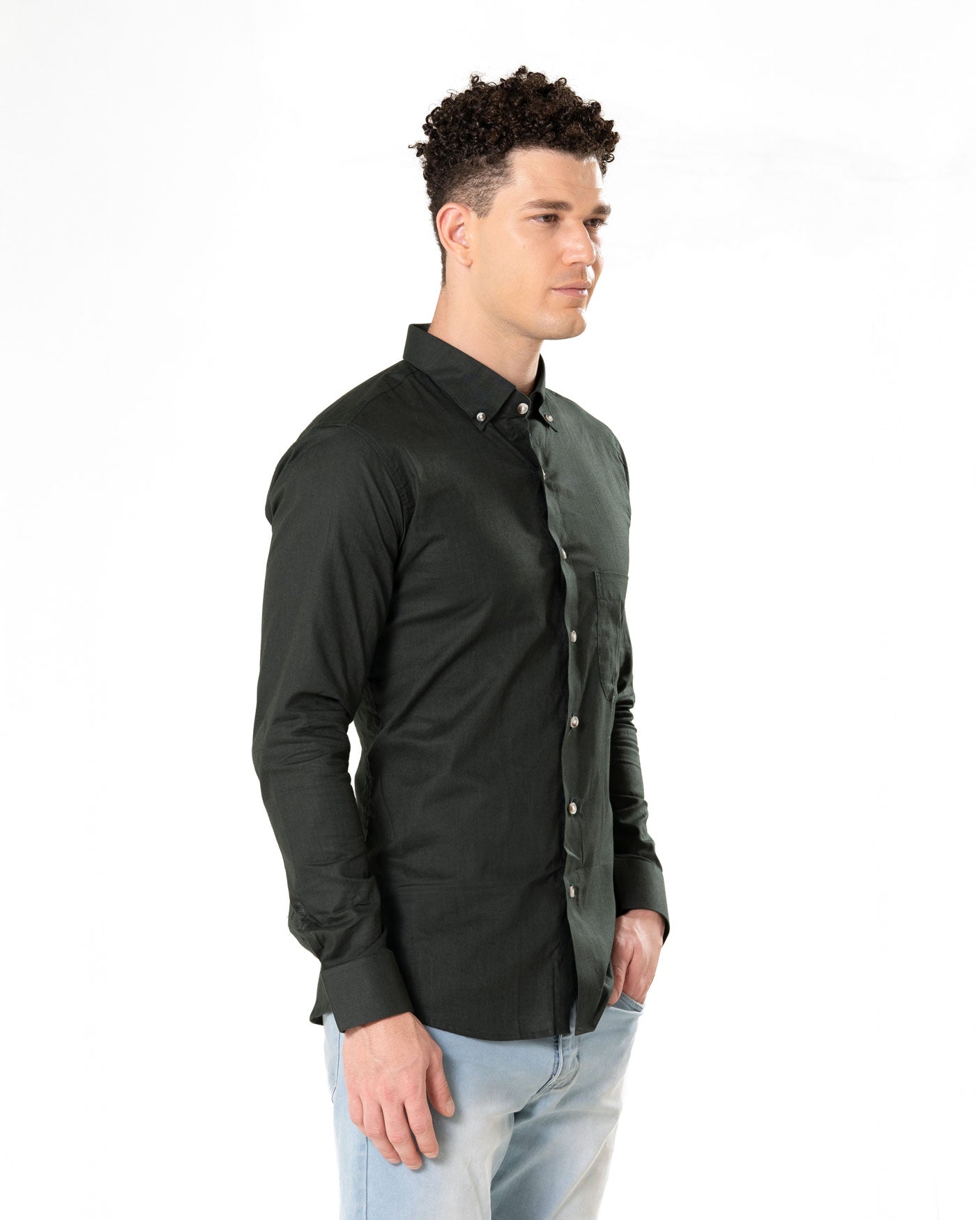 Poist Green Linen Plain Button Down Shirt- Bullane