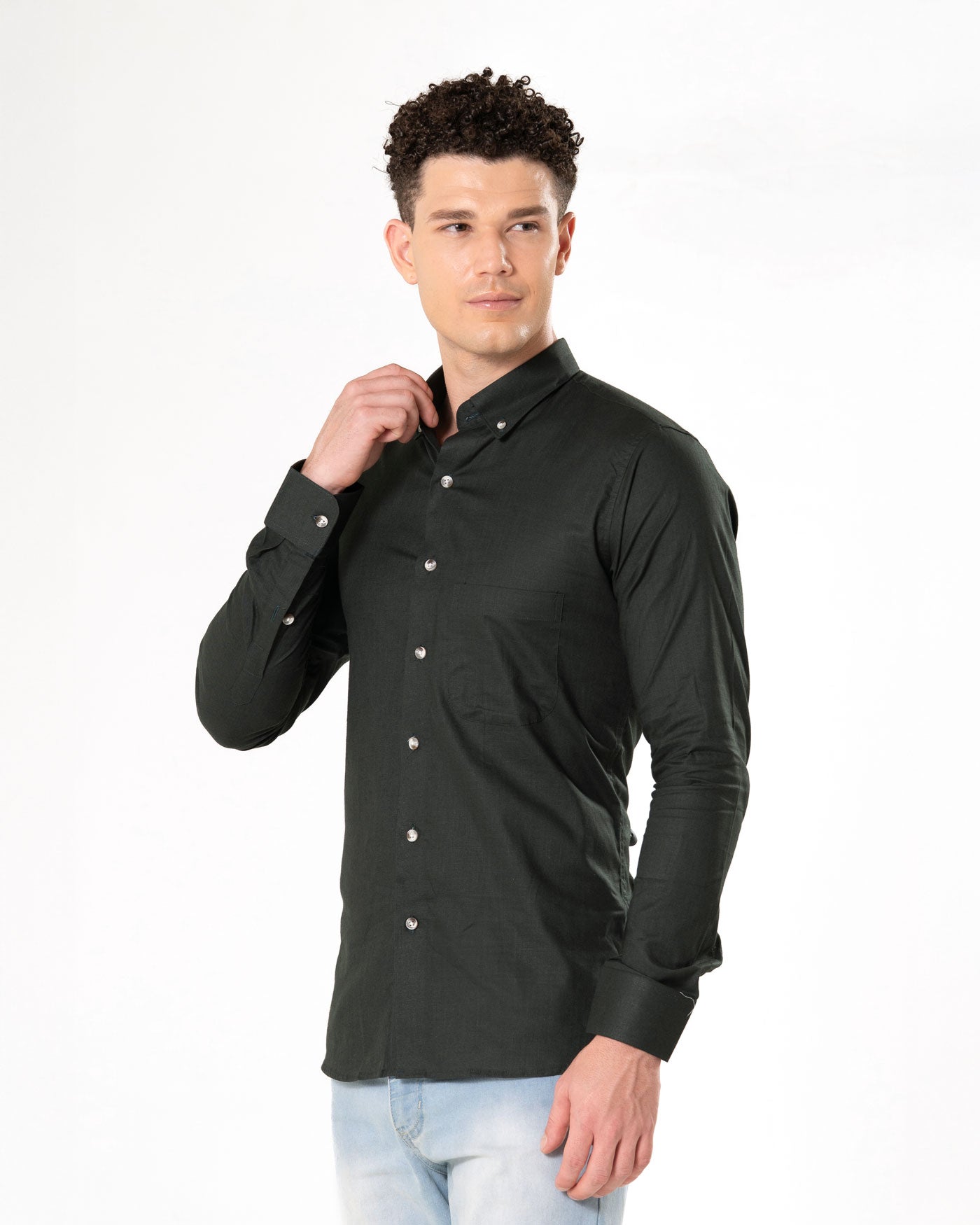 Poist Green Linen Plain Button Down Shirt- Bullane