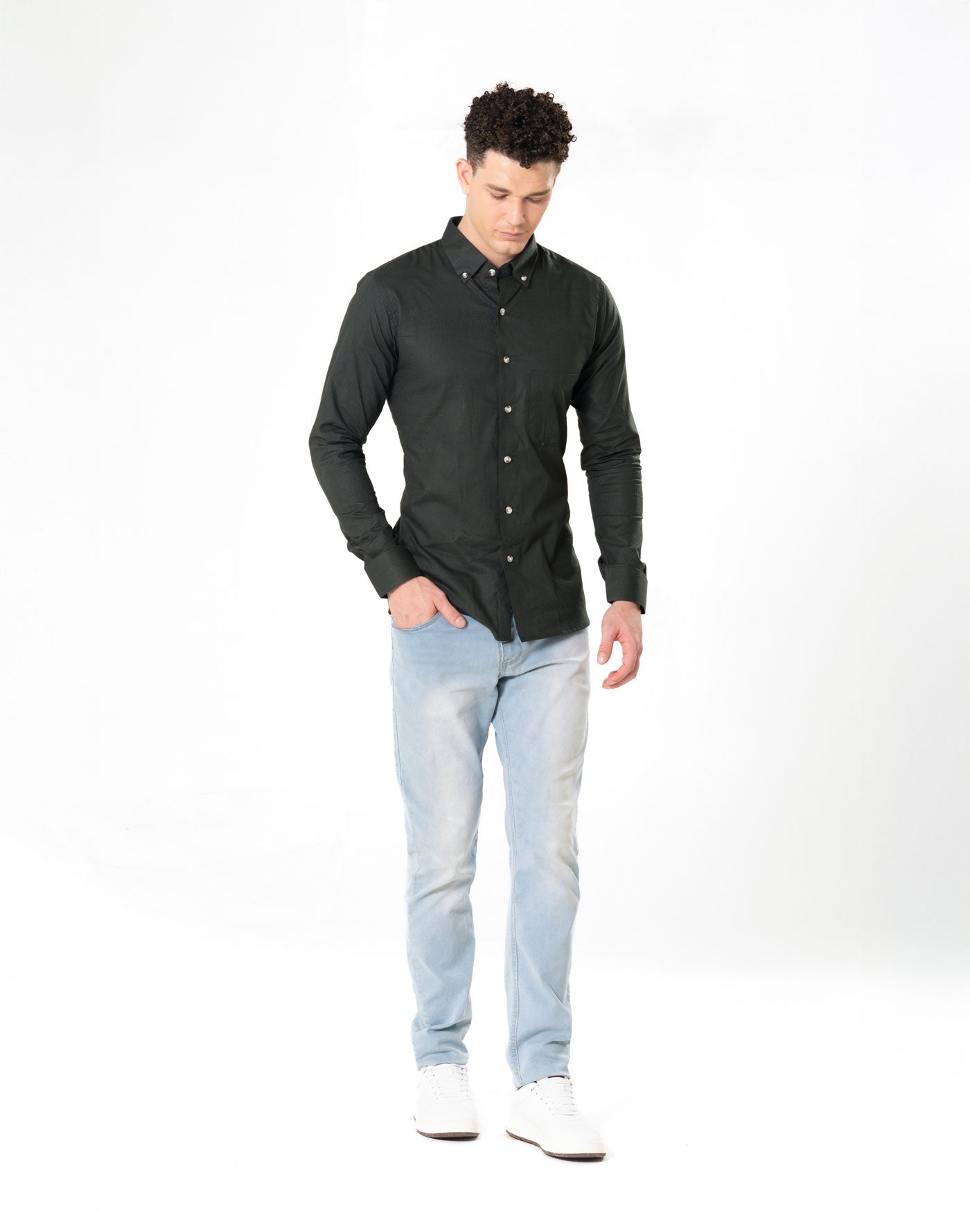 Poist Green Linen Plain Button Down Shirt- Bullane
