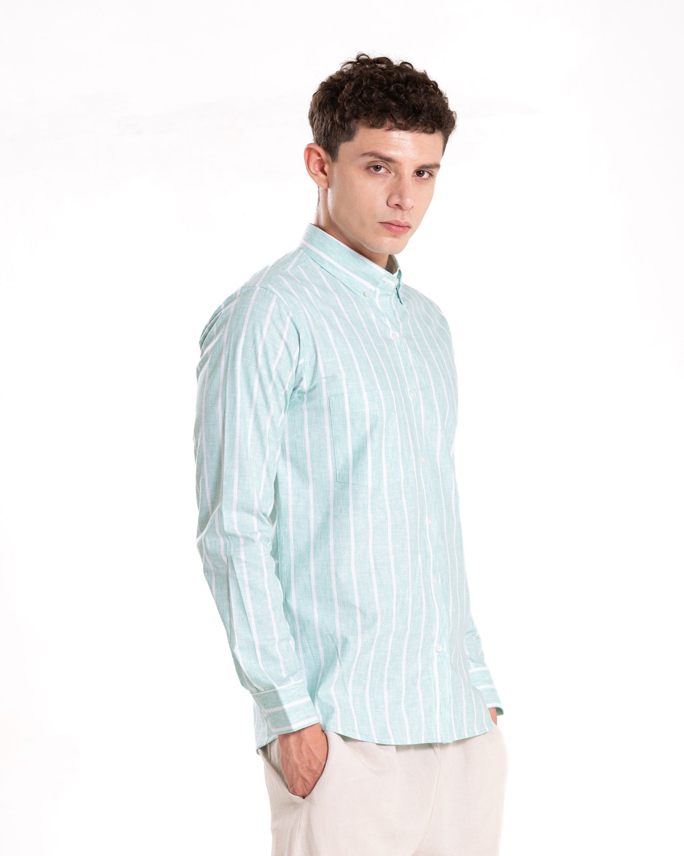 Brex Green Linen Stripe Button Down Shirt - Bullane