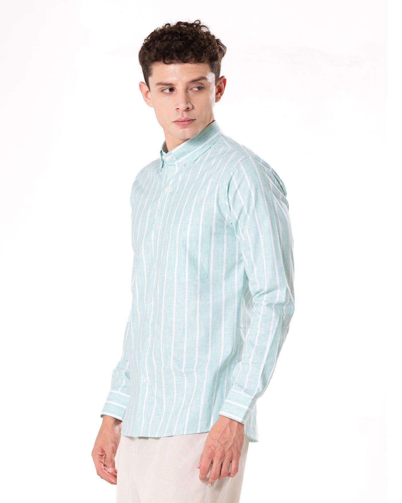 Brex Green Linen Stripe Button Down Shirt - Bullane