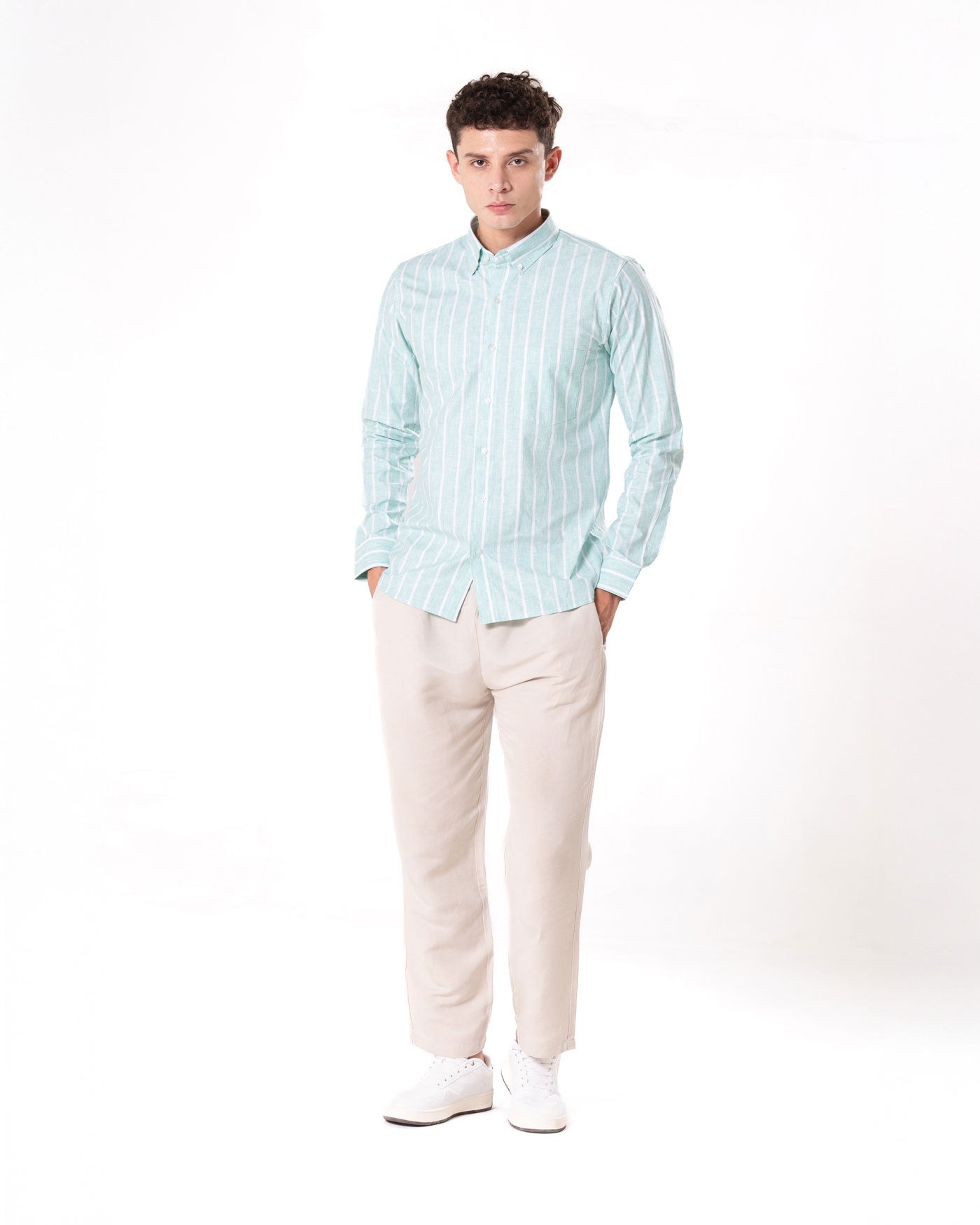 Brex Green Linen Stripe Button Down Shirt - Bullane