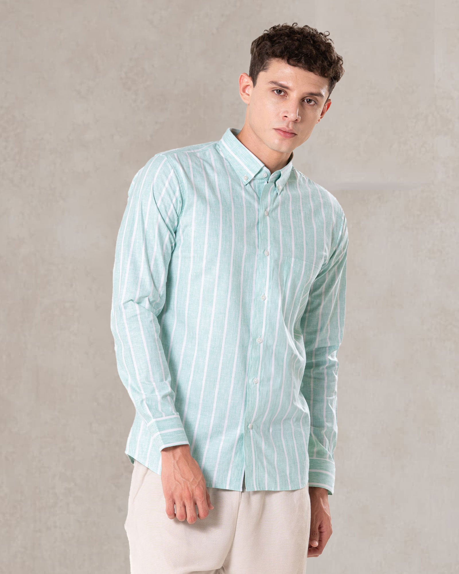 Brex Green Linen Stripe Button Down Shirt