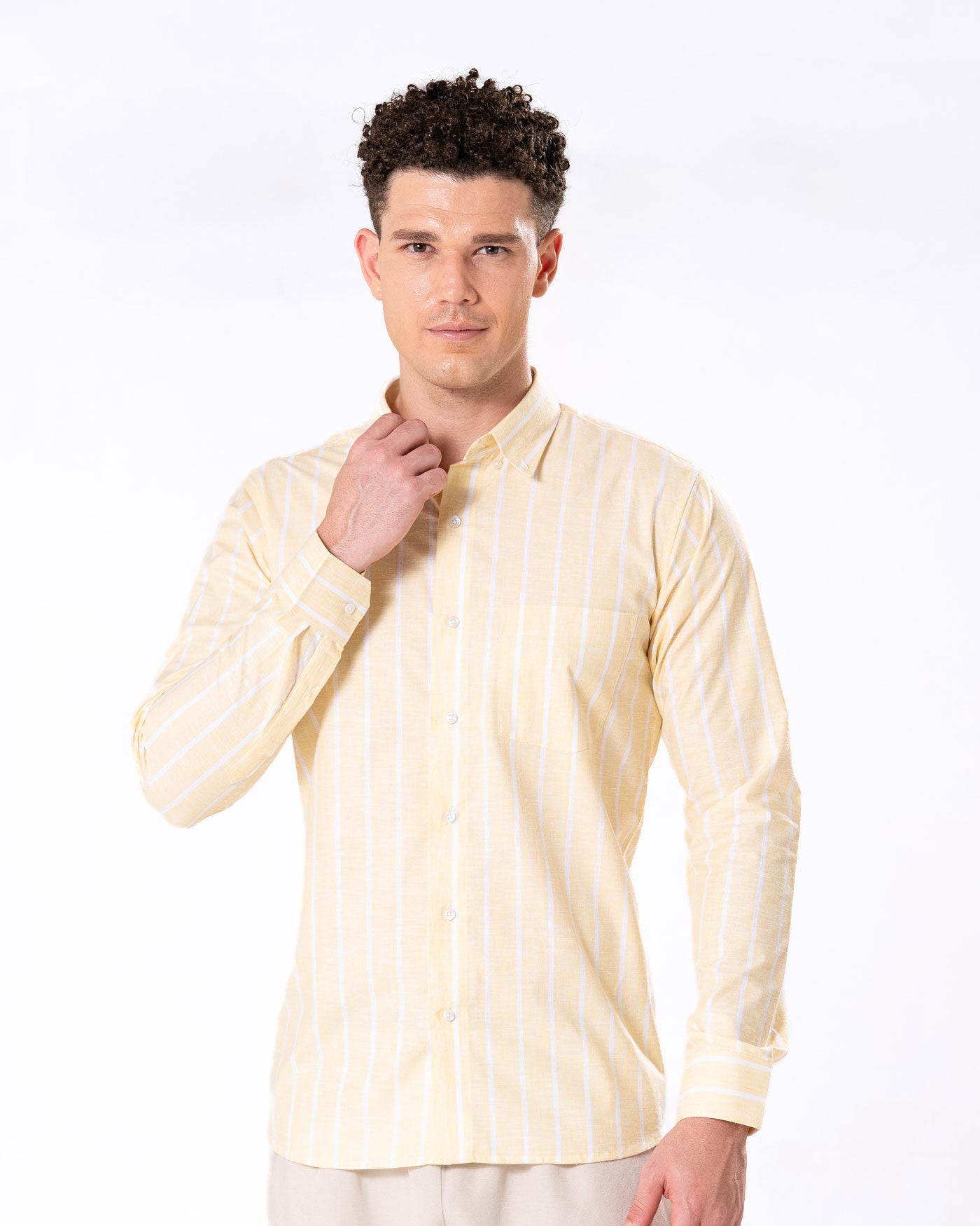 Brex Yellow Linen Stripe Button Down Shirt - Bullane