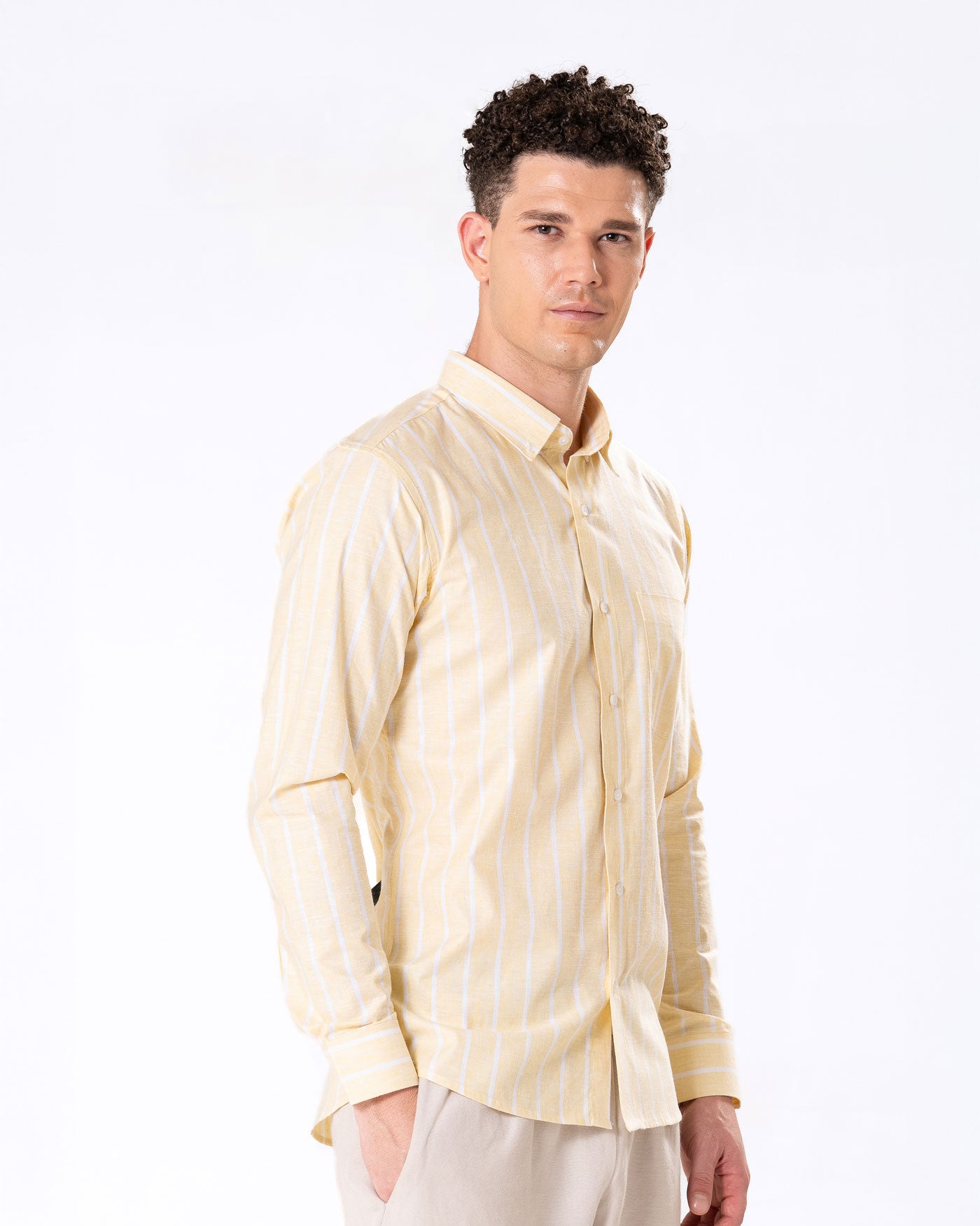 Brex Yellow Linen Stripe Button Down Shirt - Bullane