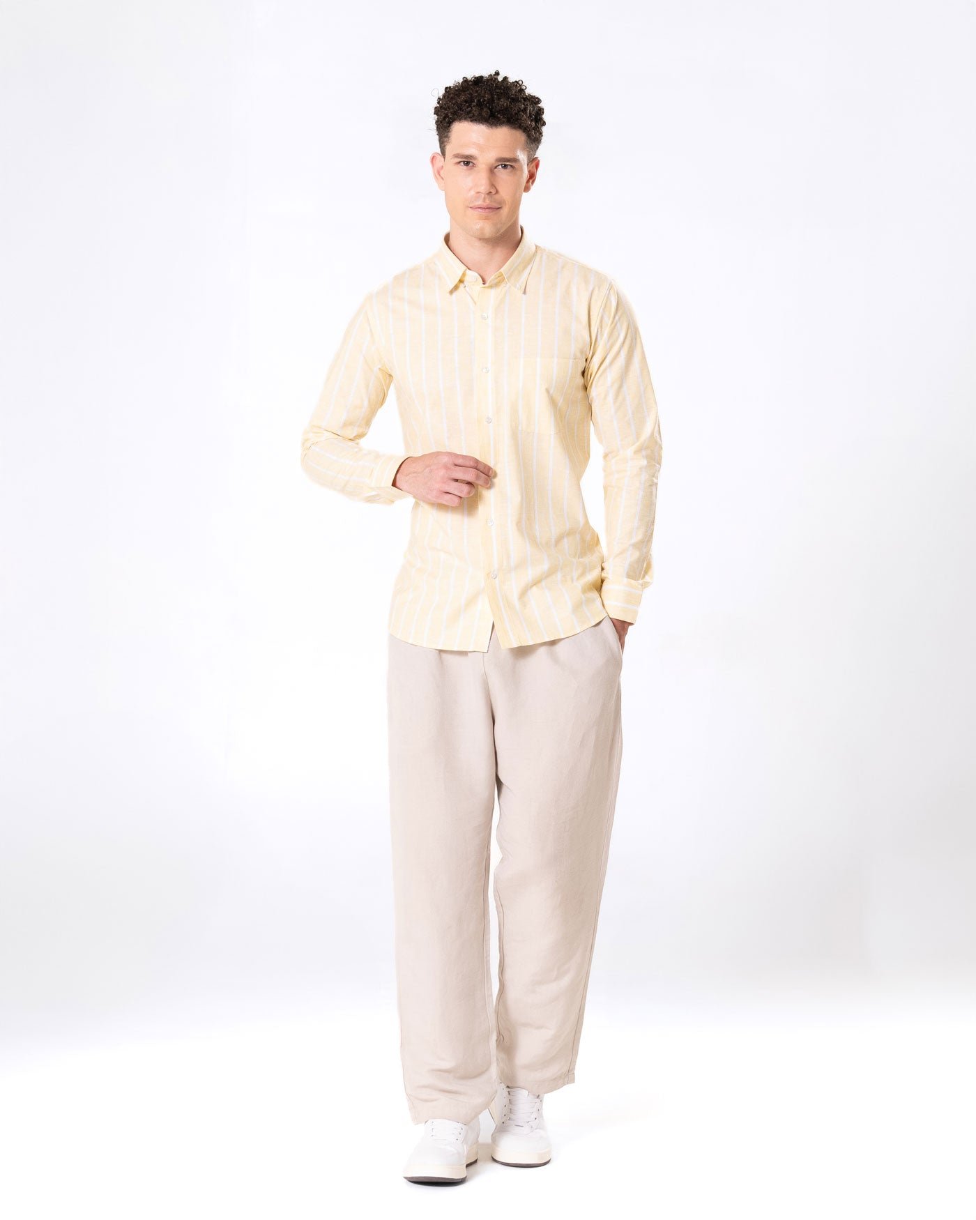 Brex Yellow Linen Stripe Button Down Shirt - Bullane