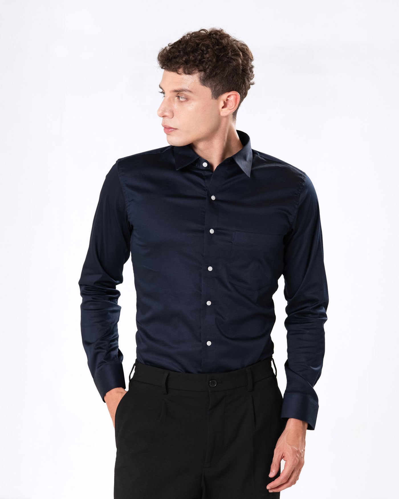 Benedict Navy Blue Cotton Plain Shirt- Bullane