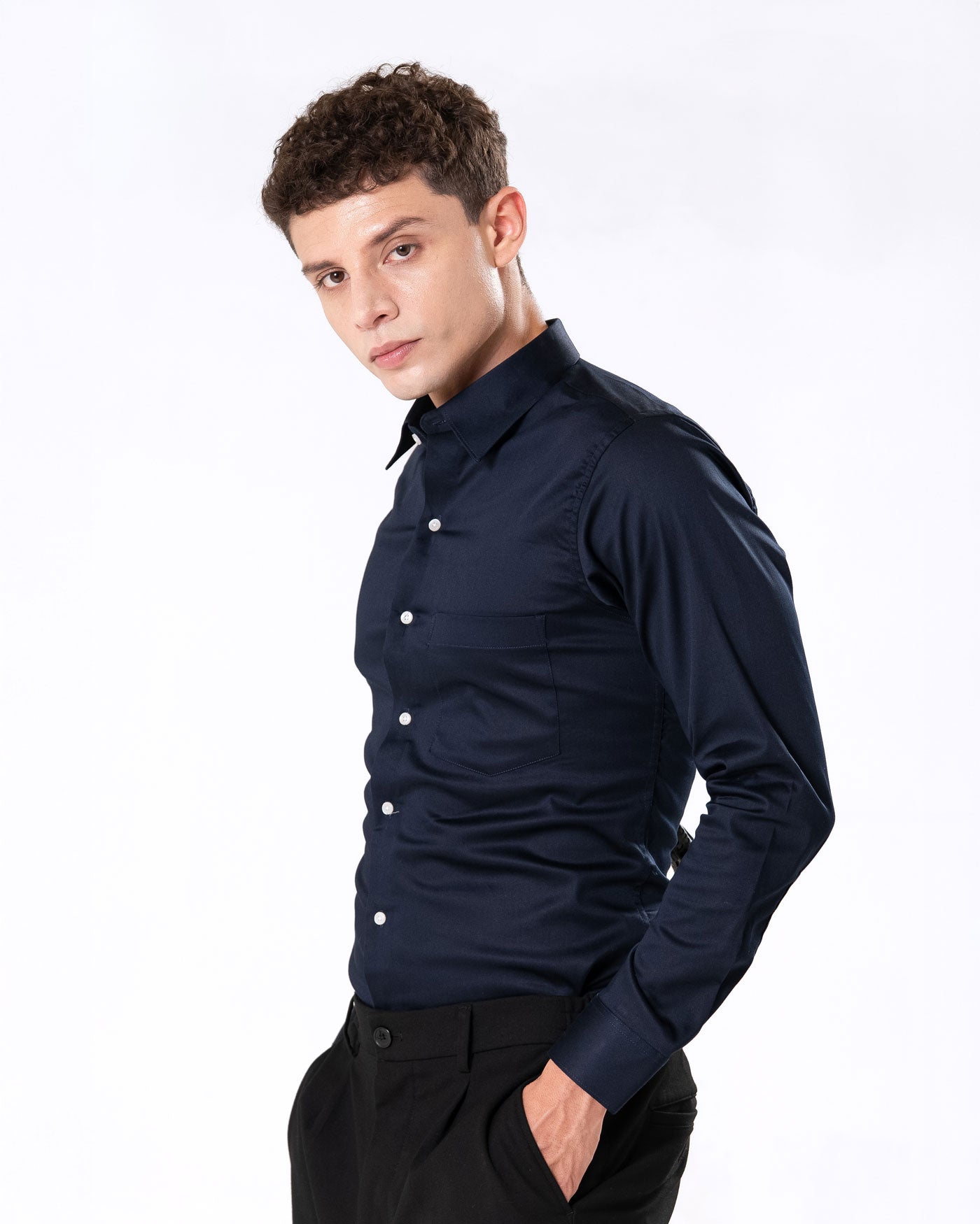 Benedict Navy Blue Cotton Plain Shirt- Bullane