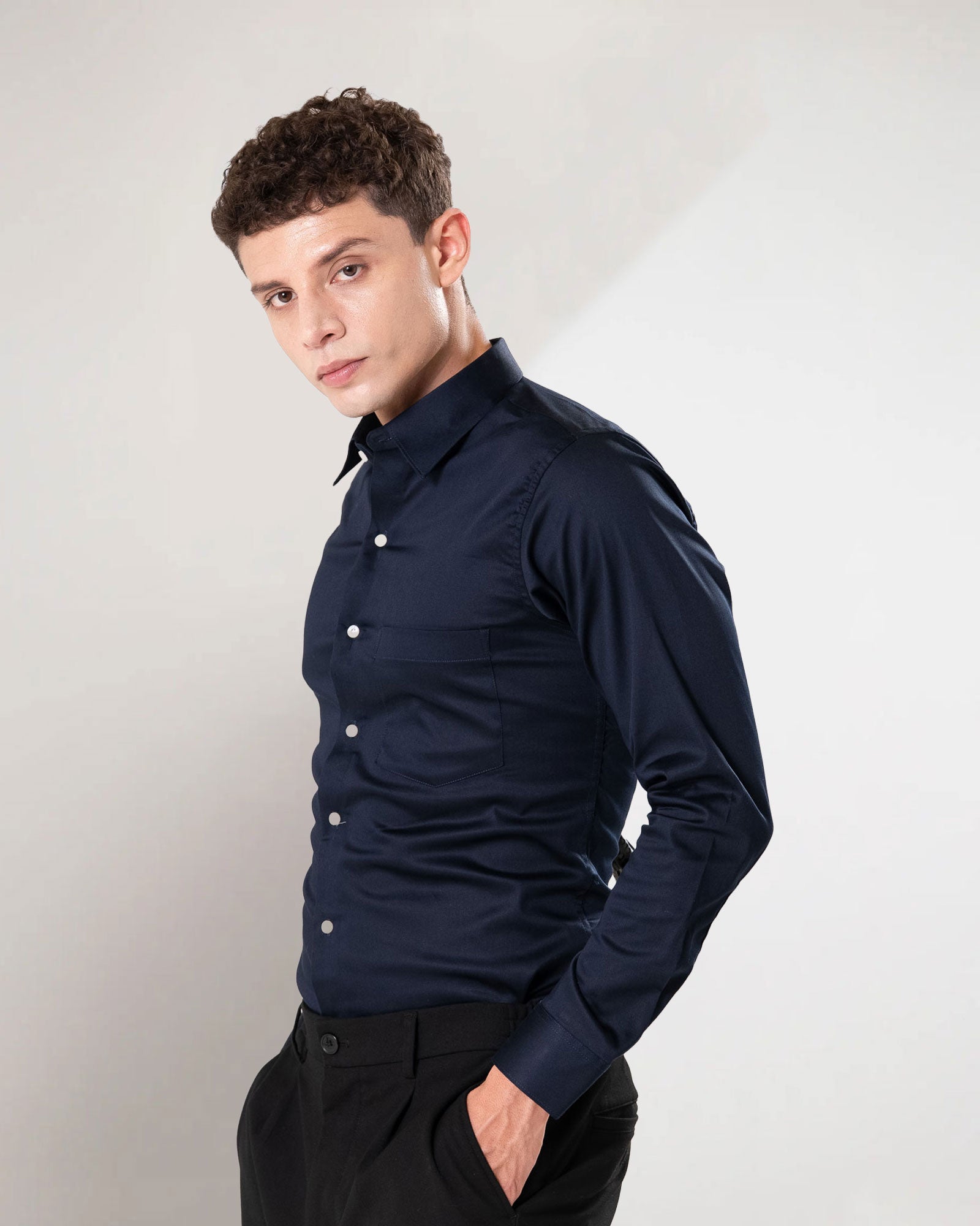 Benedict Navy Blue Cotton Plain Shirt