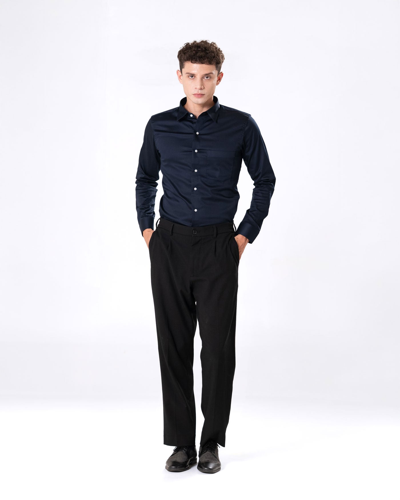 Benedict Navy Blue Cotton Plain Shirt- Bullane