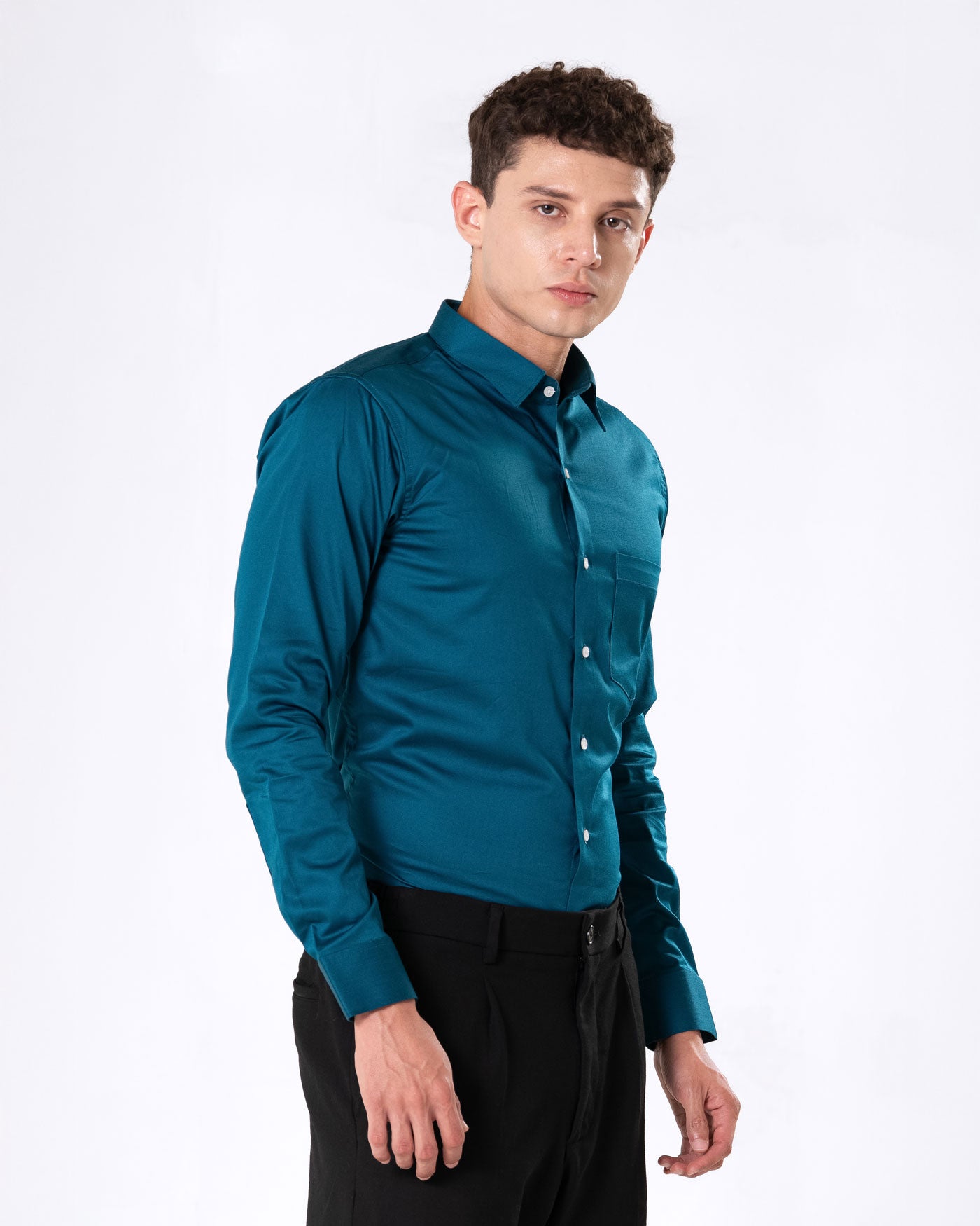 Benedict Teal Cotton Plain Shirt- Bullane