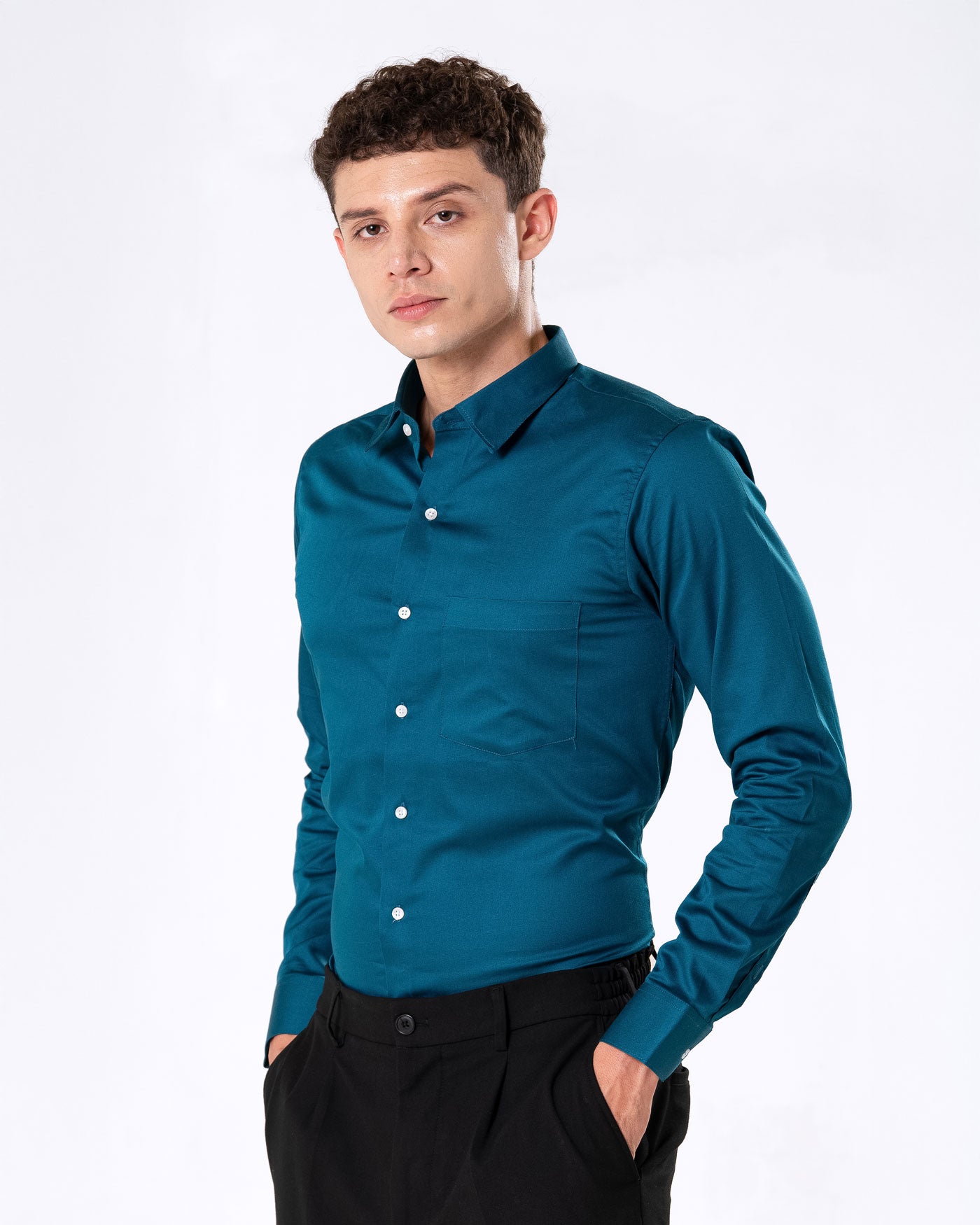 Benedict Teal Cotton Plain Shirt- Bullane