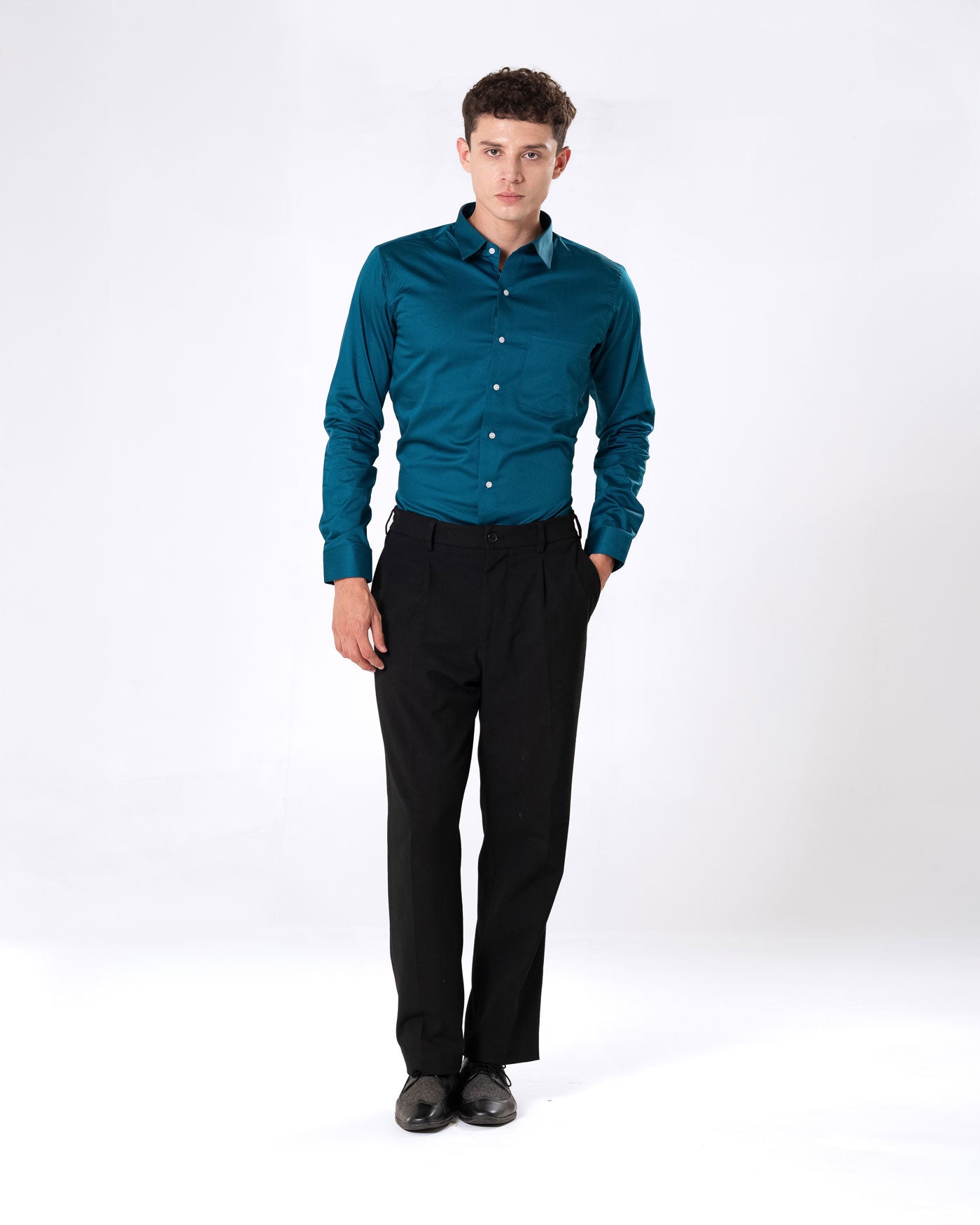 Benedict Teal Cotton Plain Shirt- Bullane