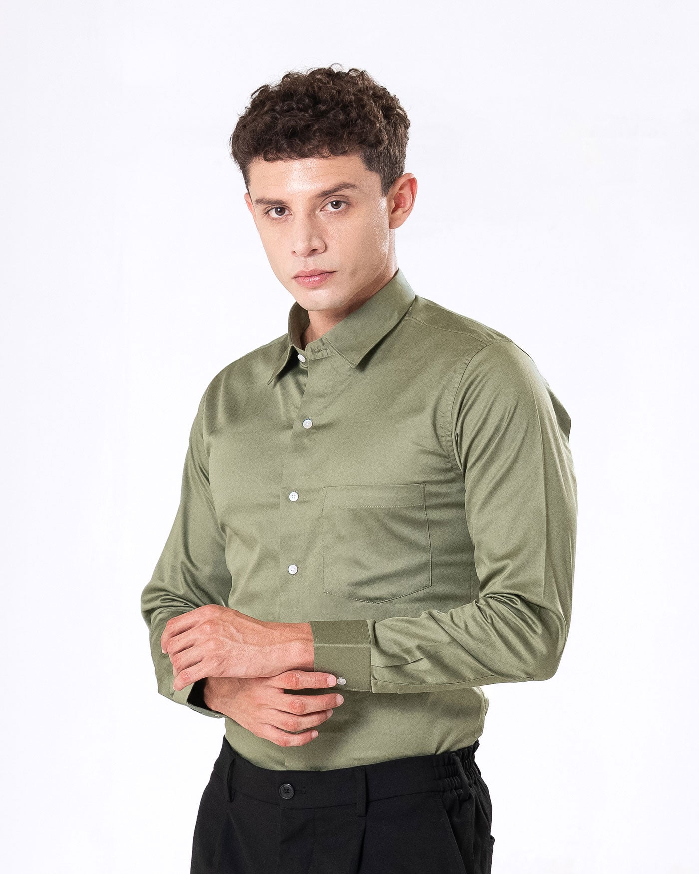 Benedict Olive Cotton Plain Shirt- Bullane