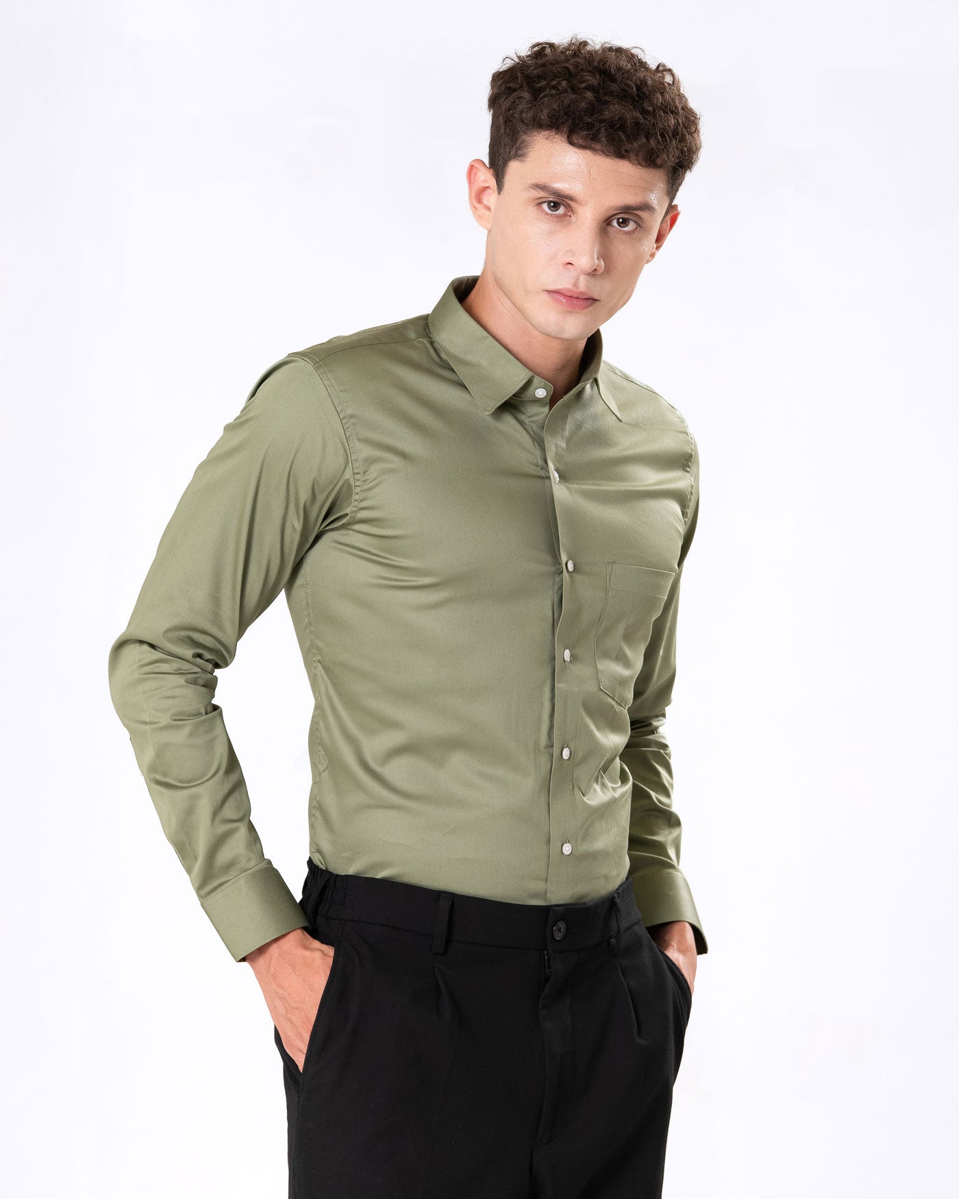 Benedict Olive Cotton Plain Shirt- Bullane