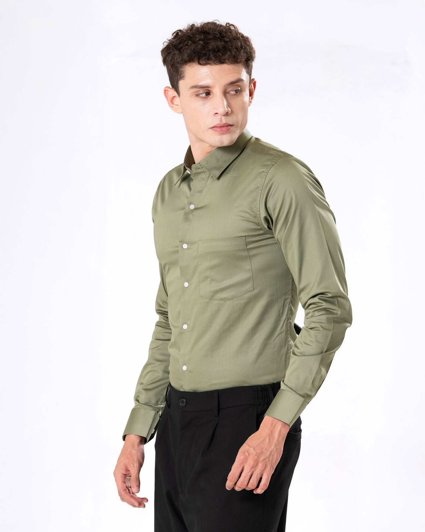 Benedict Olive Cotton Plain Shirt- Bullane