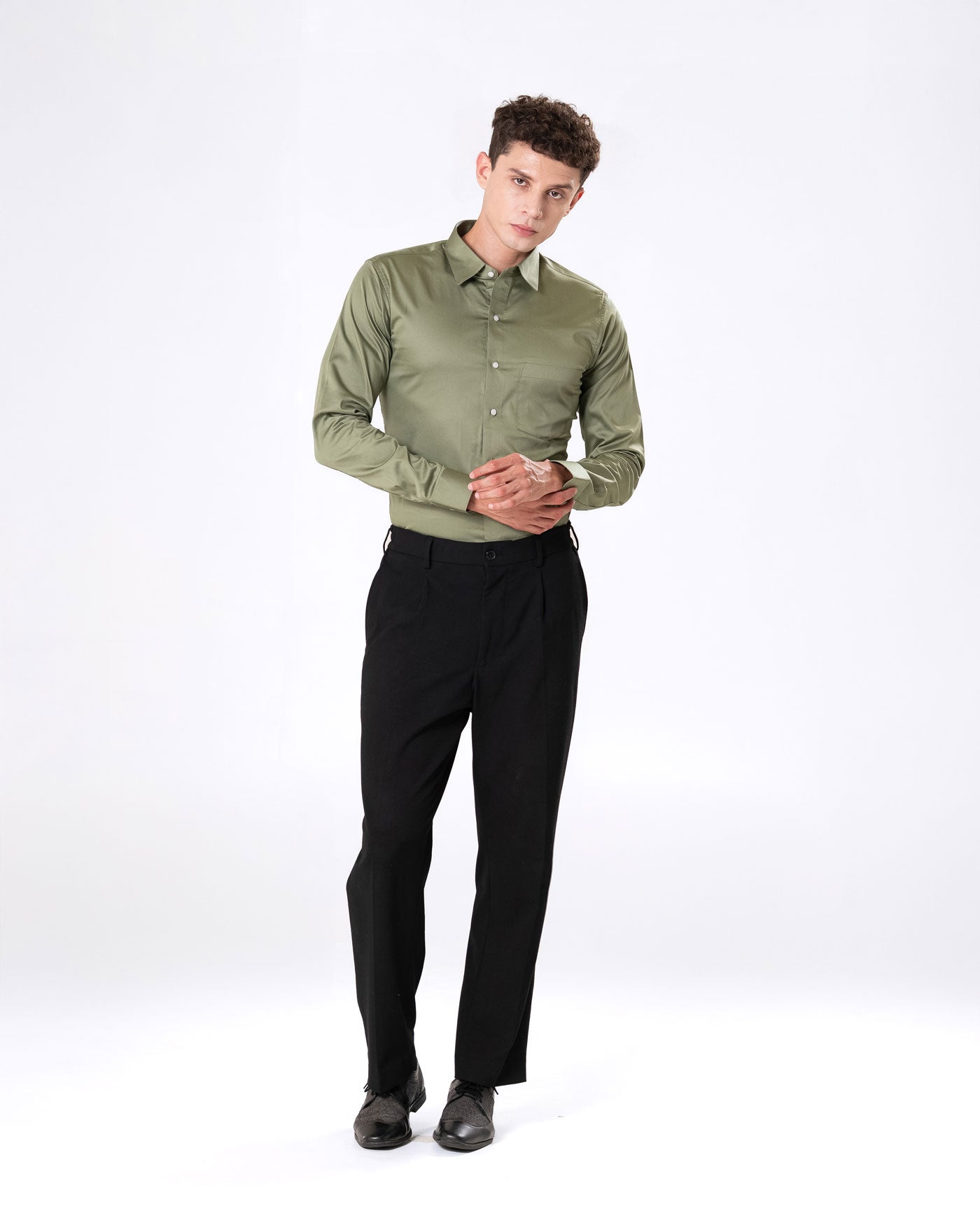 Benedict Olive Cotton Plain Shirt- Bullane