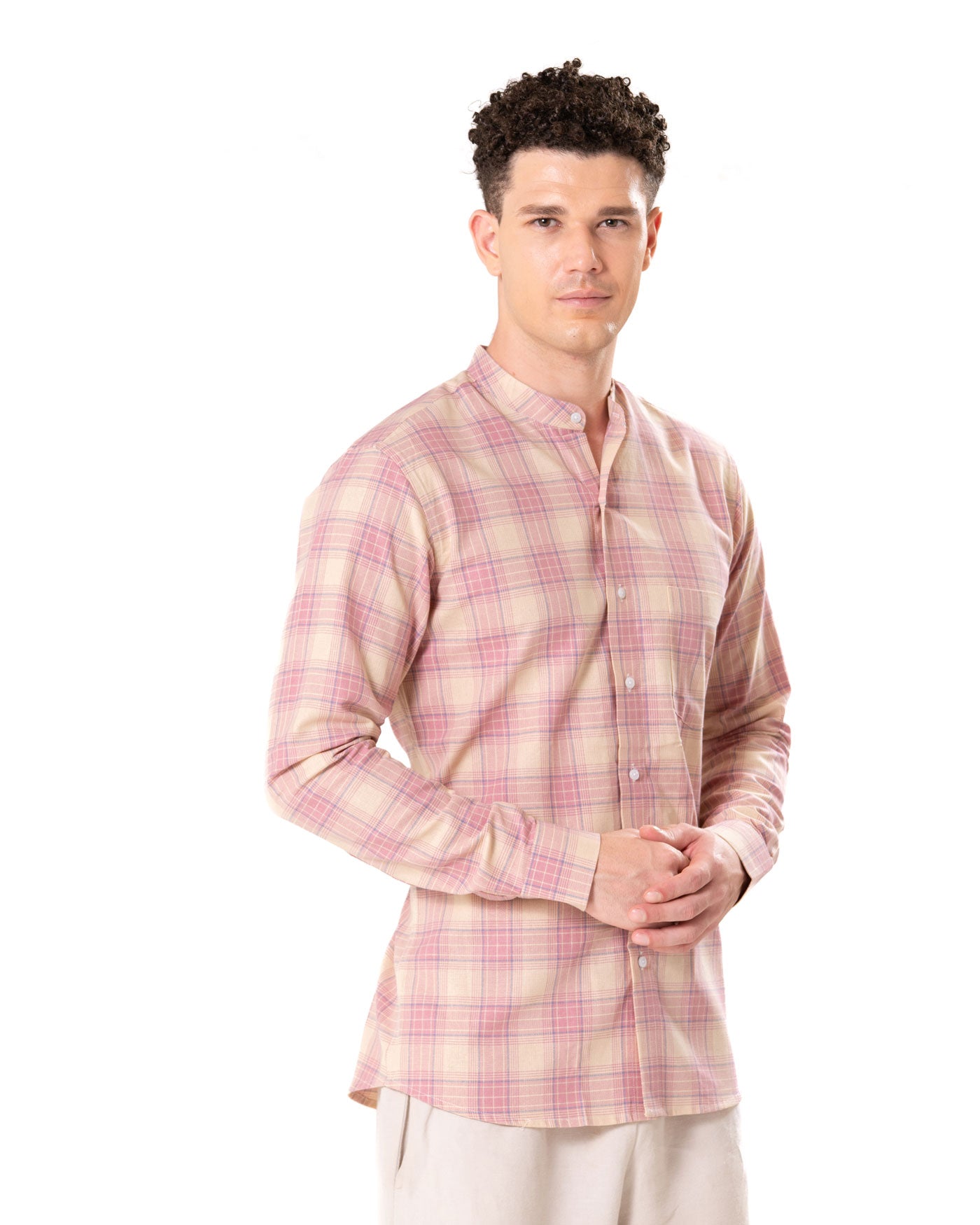 Clarion Orange Cotton Checks Mandarin Shirt - Bullane