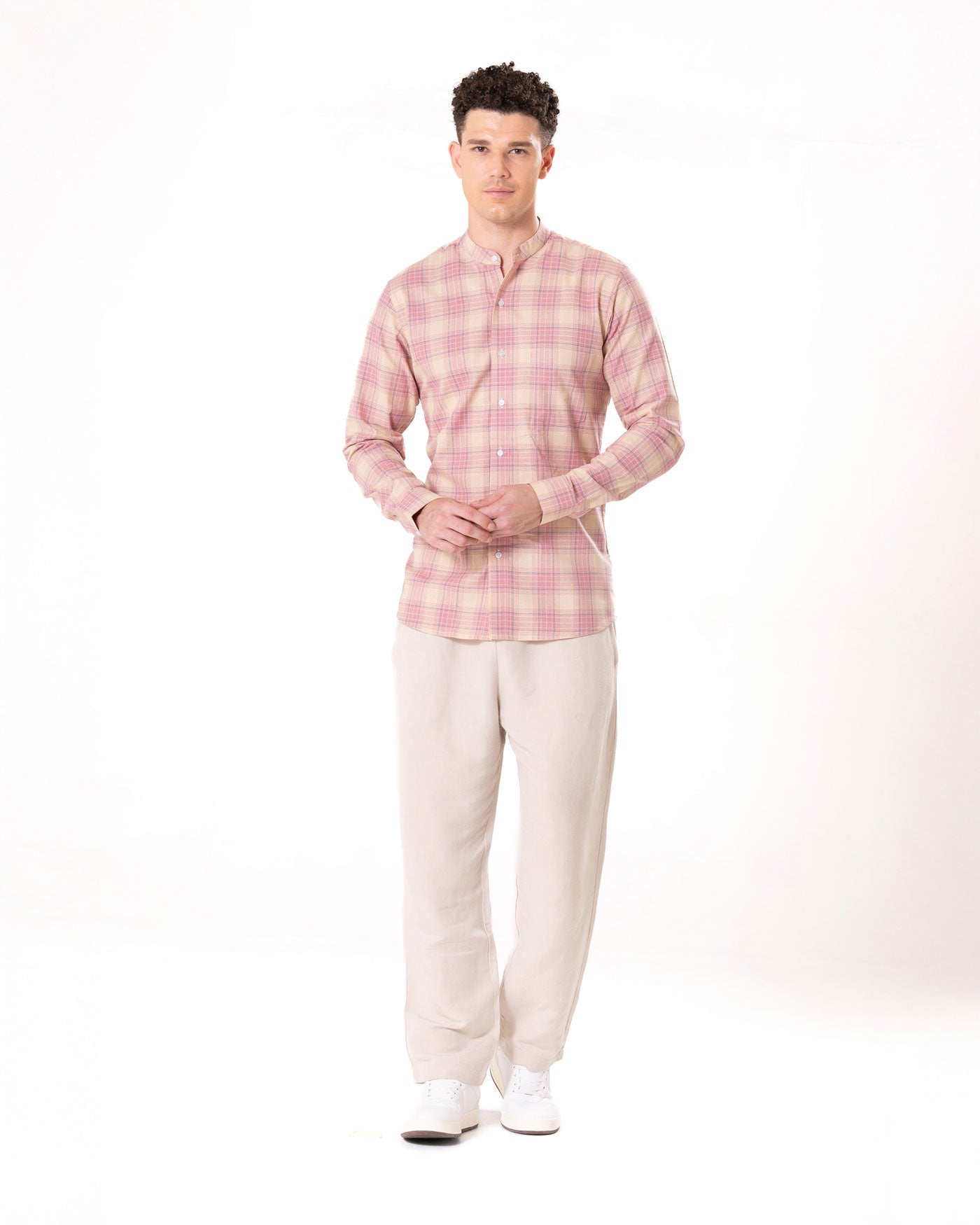 Clarion Orange Cotton Checks Mandarin Shirt - Bullane