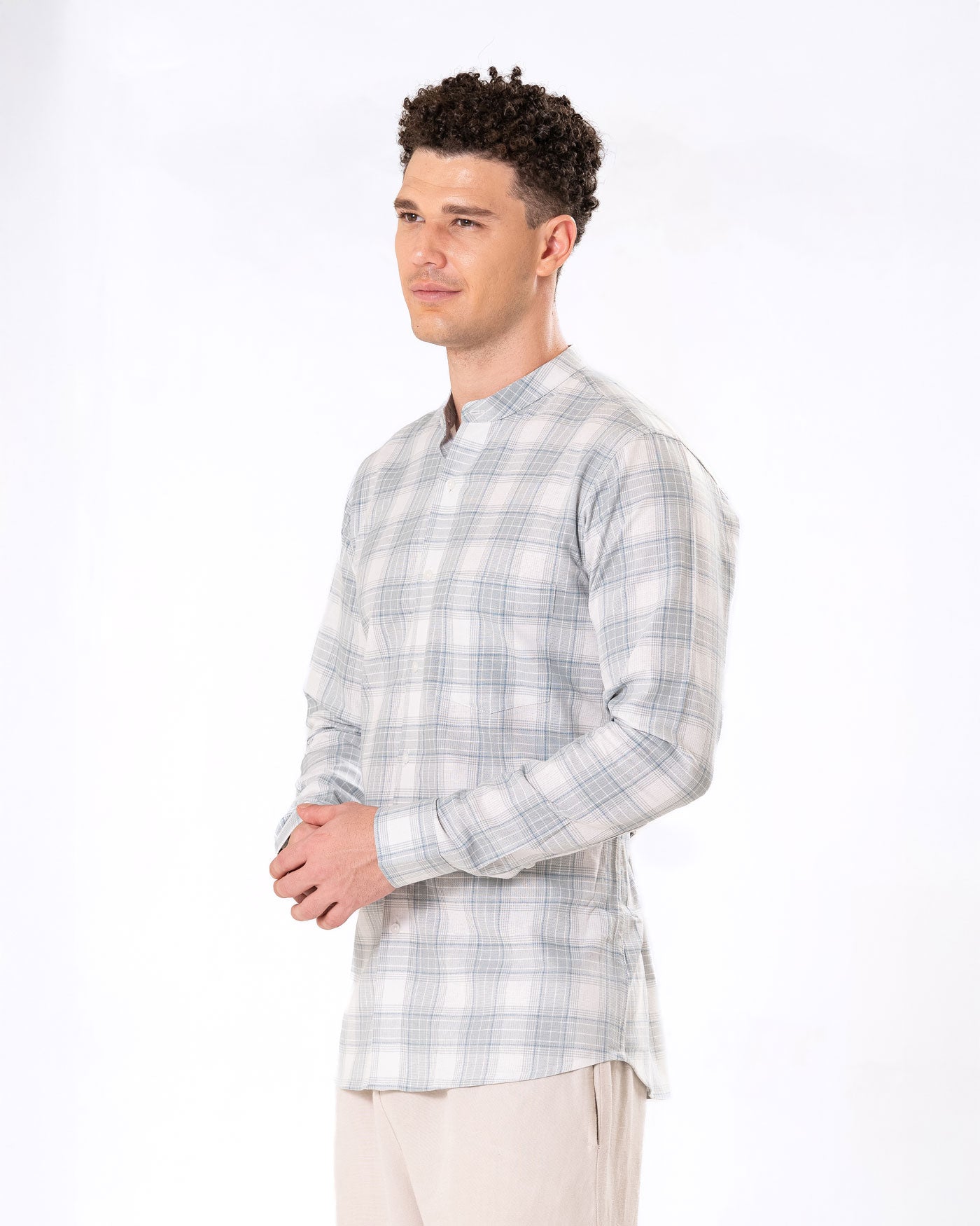 Clarion Silver Cotton Checks Mandarin Shirt - Bullane