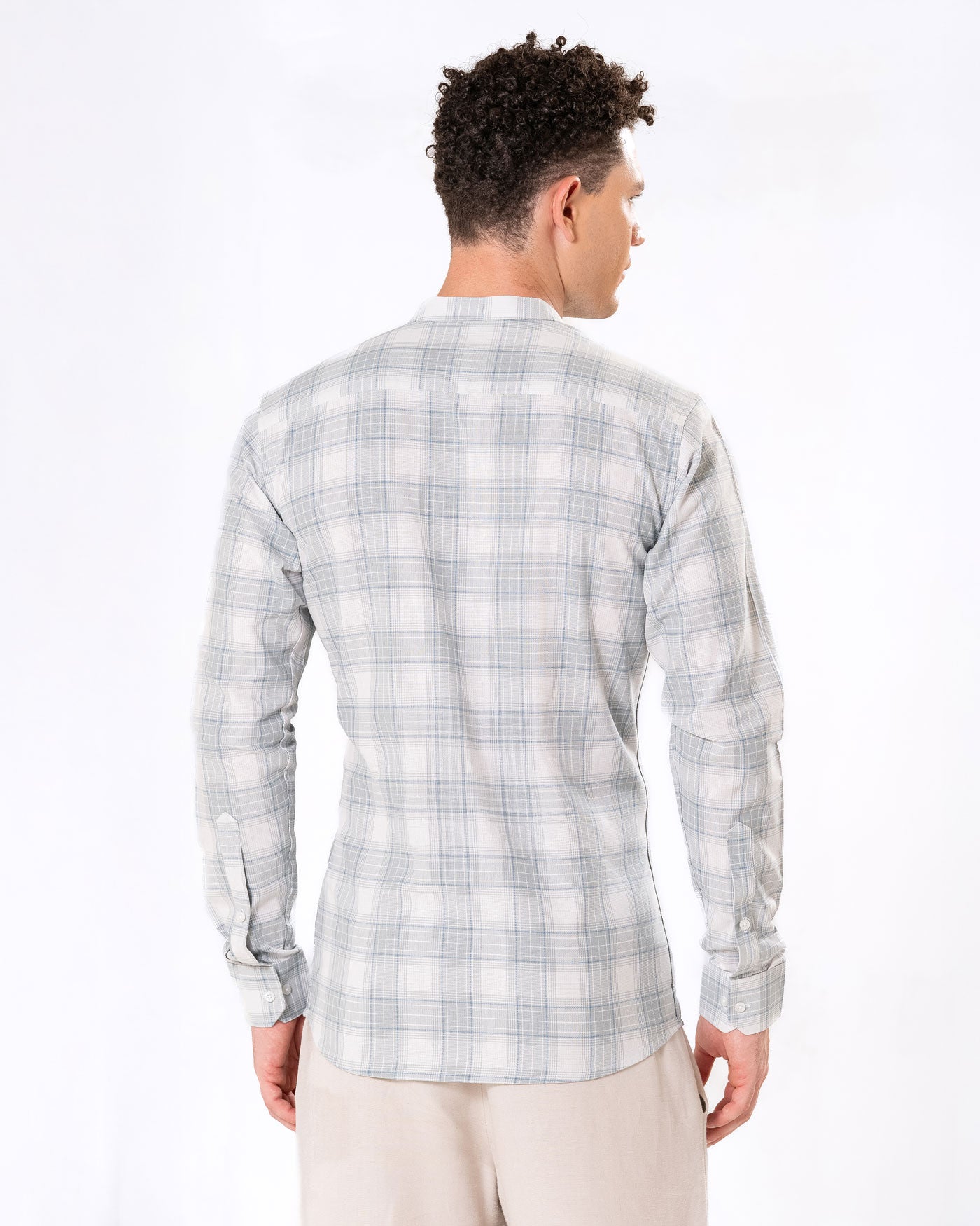 Clarion Silver Cotton Checks Mandarin Shirt - Bullane