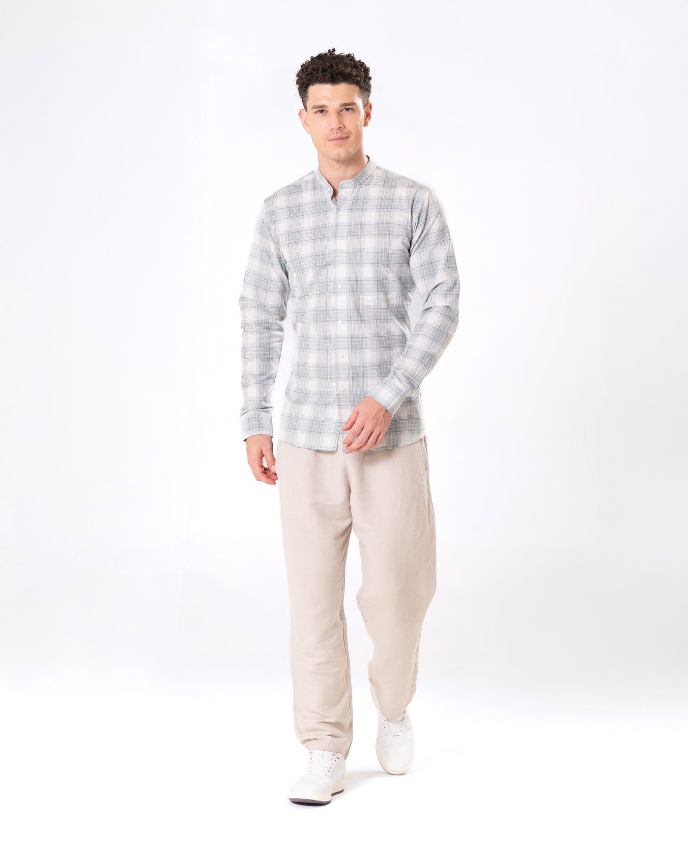 Clarion Silver Cotton Checks Mandarin Shirt - Bullane