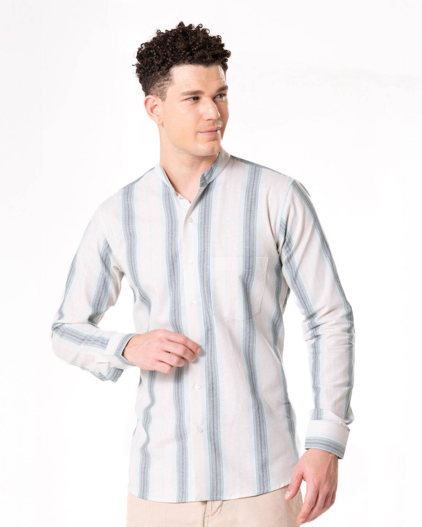 Clarion Green Cotton Stripe Mandarin Shirt - Bullane