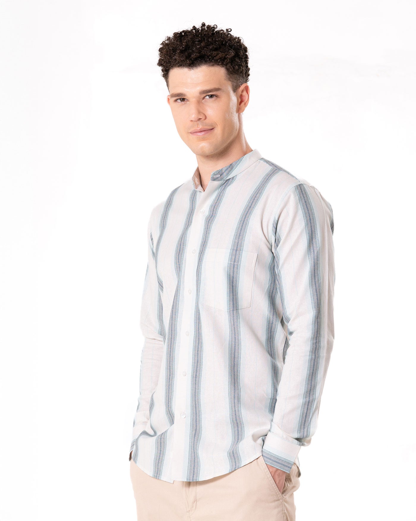 Clarion Green Cotton Stripe Mandarin Shirt - Bullane