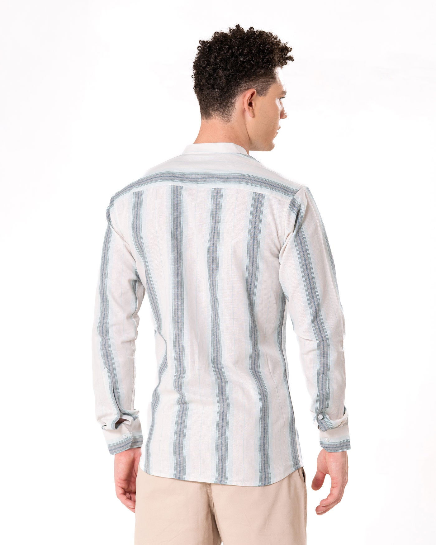 Clarion Green Cotton Stripe Mandarin Shirt - Bullane