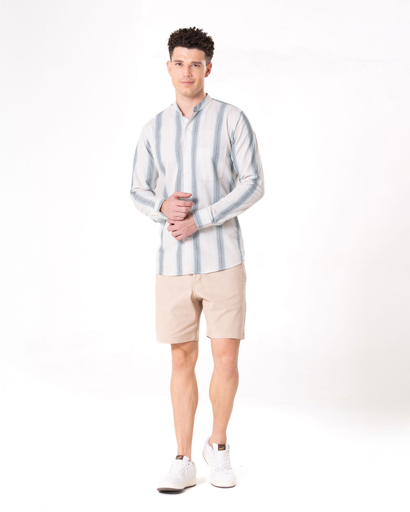 Clarion Green Cotton Stripe Mandarin Shirt - Bullane