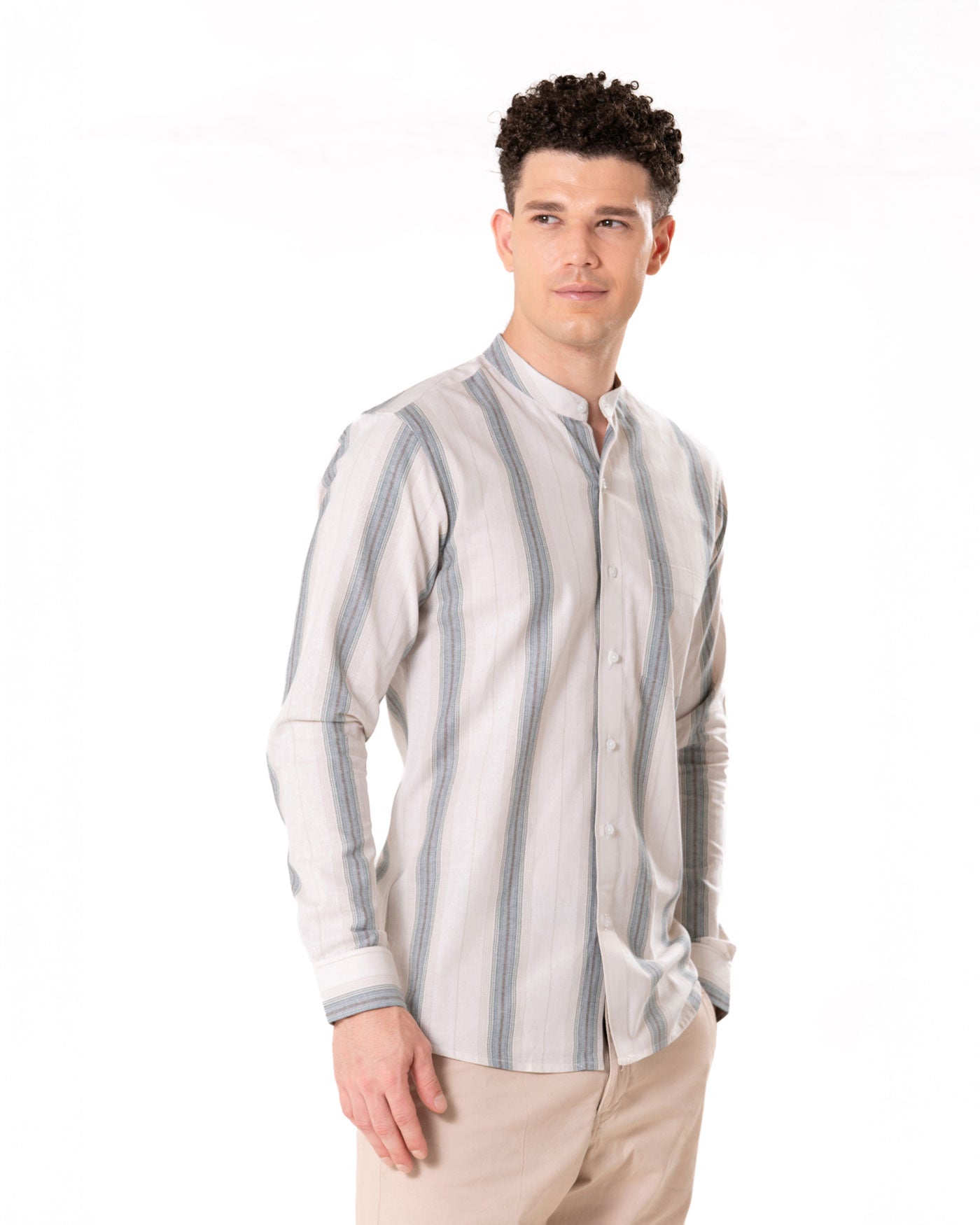 Clarion Brown Cotton Stripe Mandarin Shirt - Bullane