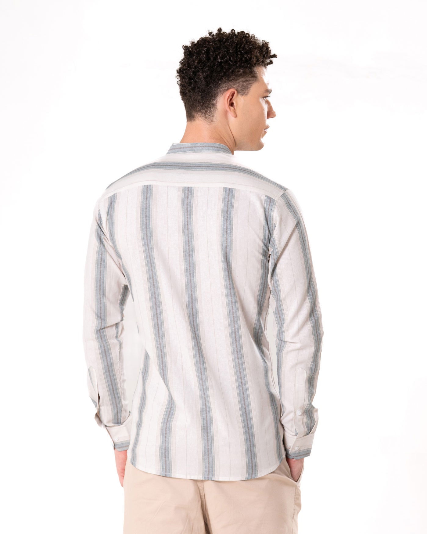 Clarion Brown Cotton Stripe Mandarin Shirt - Bullane
