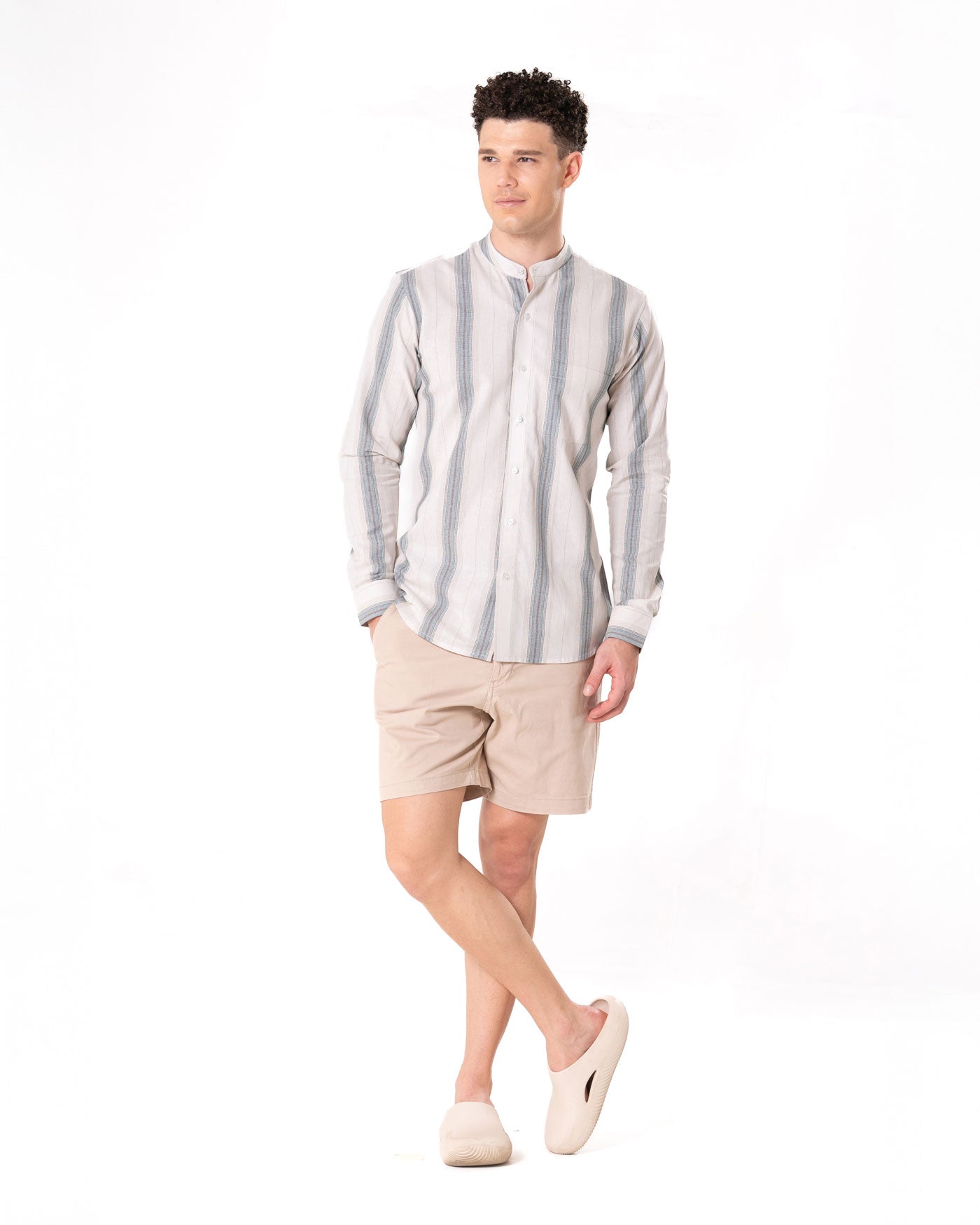 Clarion Brown Cotton Stripe Mandarin Shirt - Bullane