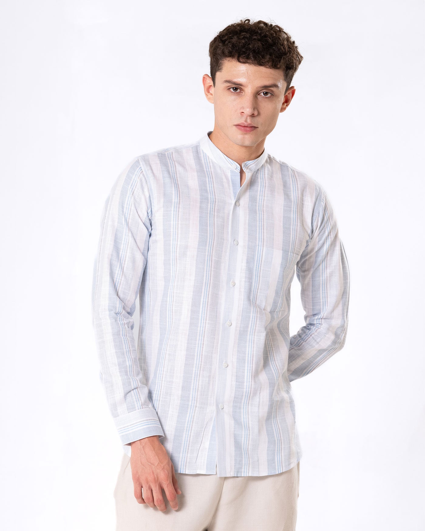 Clarion Blue Linen Stripe Mandarin Shirt - Bullane