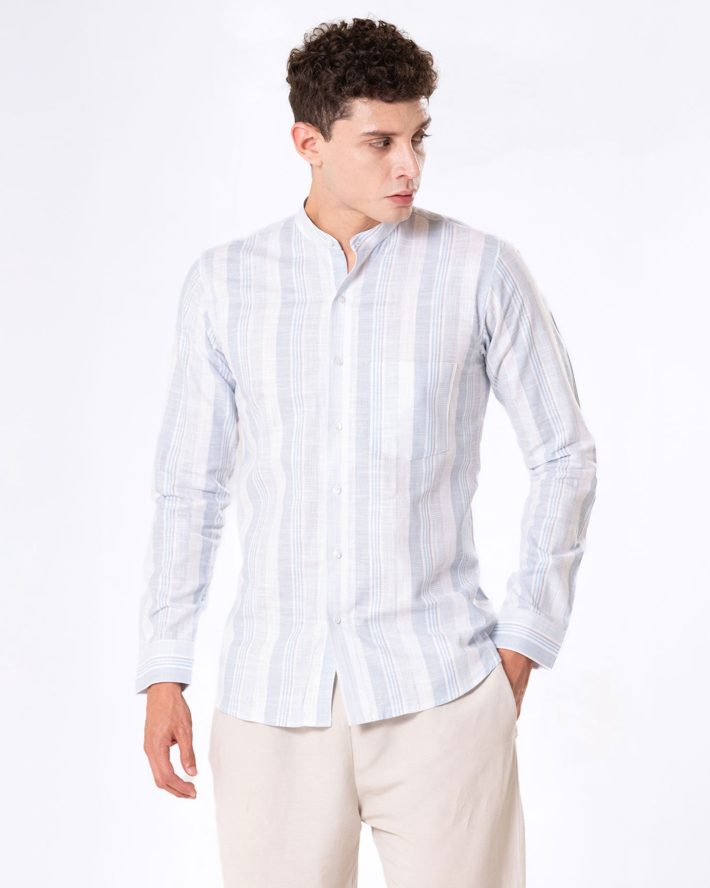 Clarion Blue Linen Stripe Mandarin Shirt - Bullane
