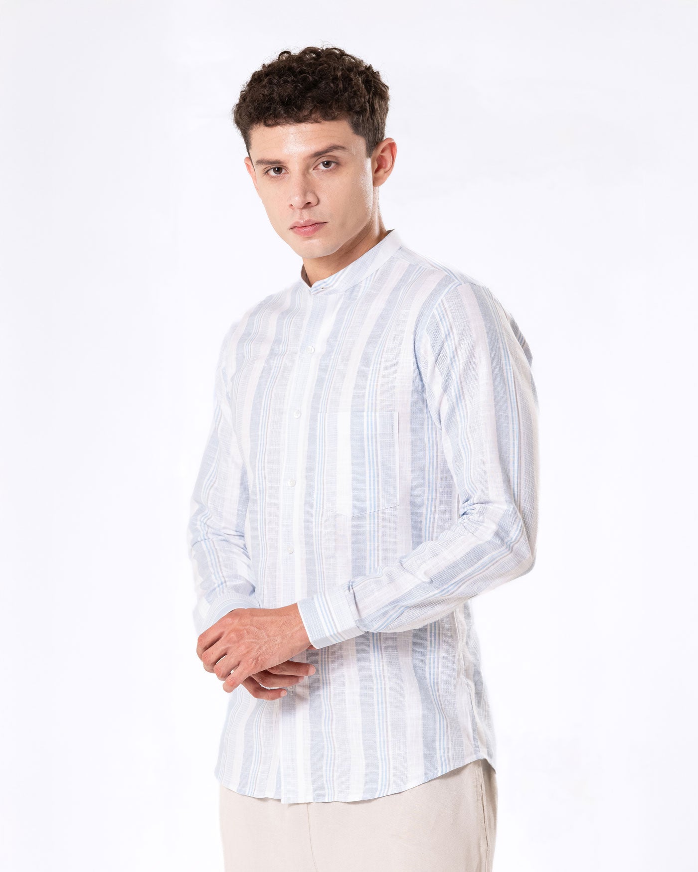 Clarion Blue Linen Stripe Mandarin Shirt - Bullane