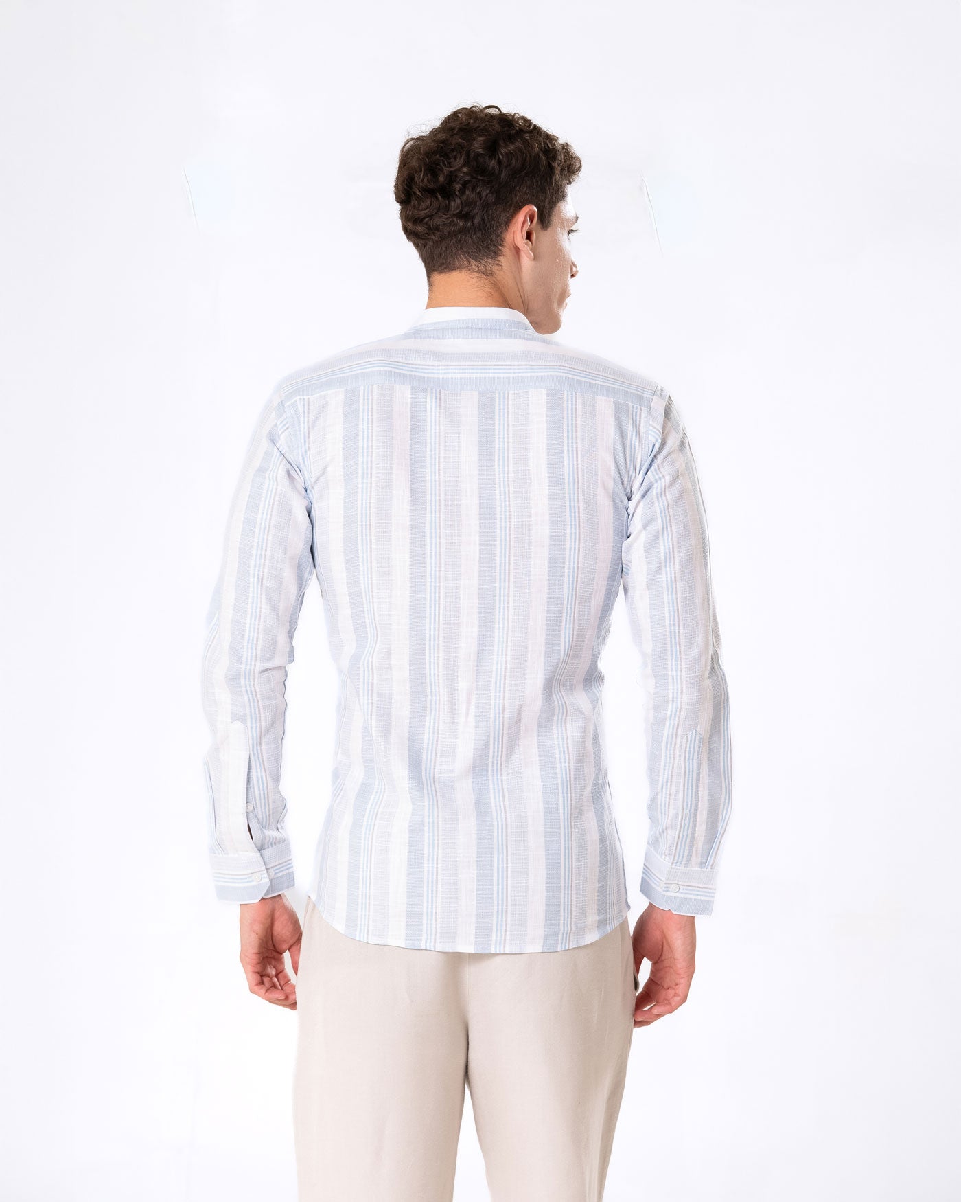 Clarion Blue Linen Stripe Mandarin Shirt - Bullane