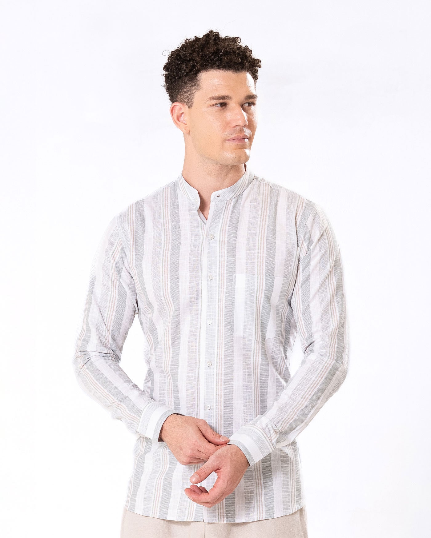 Clarion Green Linen Stripe Mandarin Shirt - Bullane
