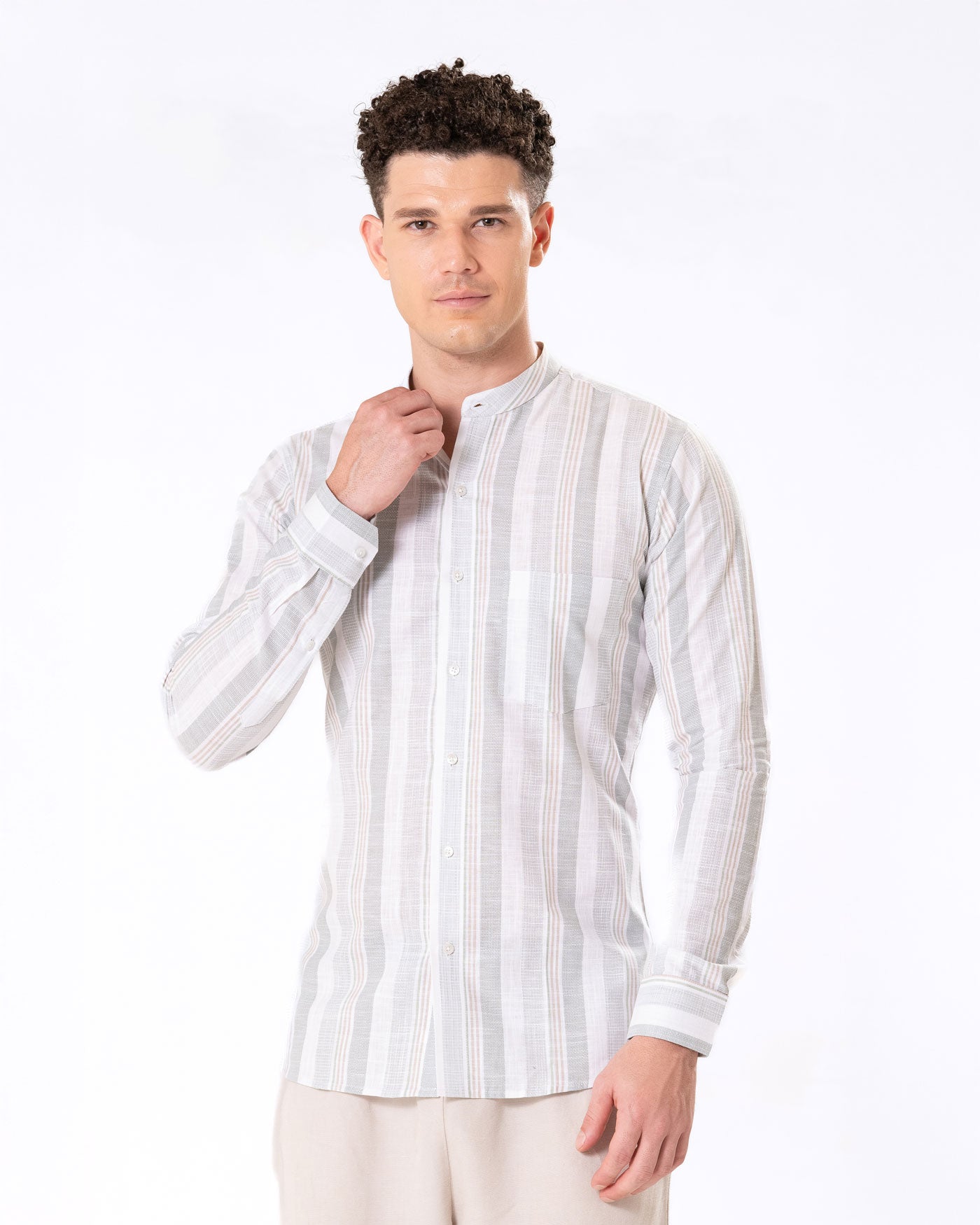 Clarion Green Linen Stripe Mandarin Shirt - Bullane