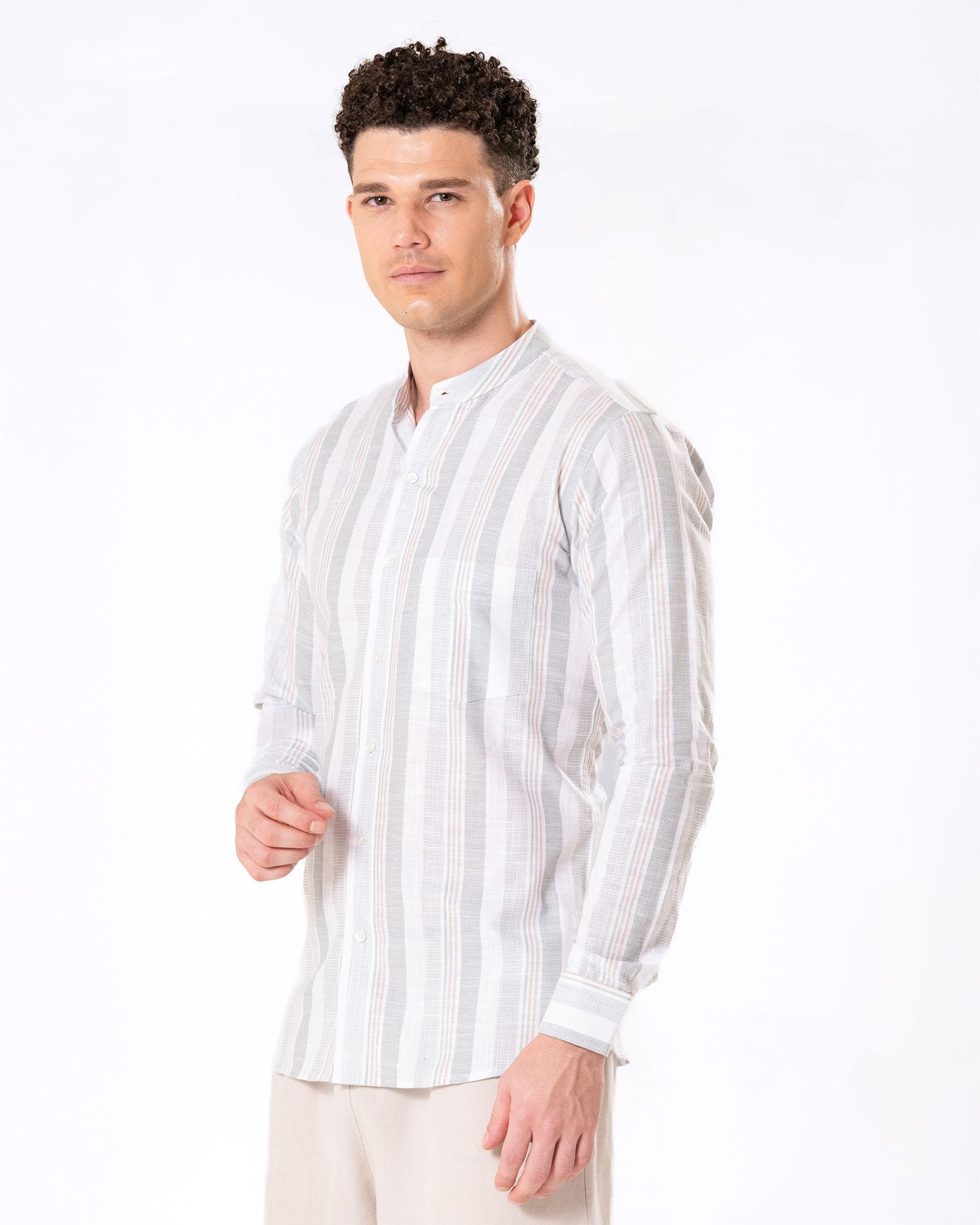 Clarion Green Linen Stripe Mandarin Shirt - Bullane
